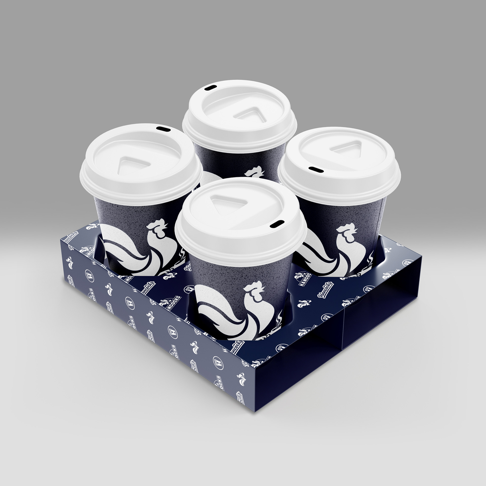 Hancocks Coffee House logo repeat on coffee cup holder