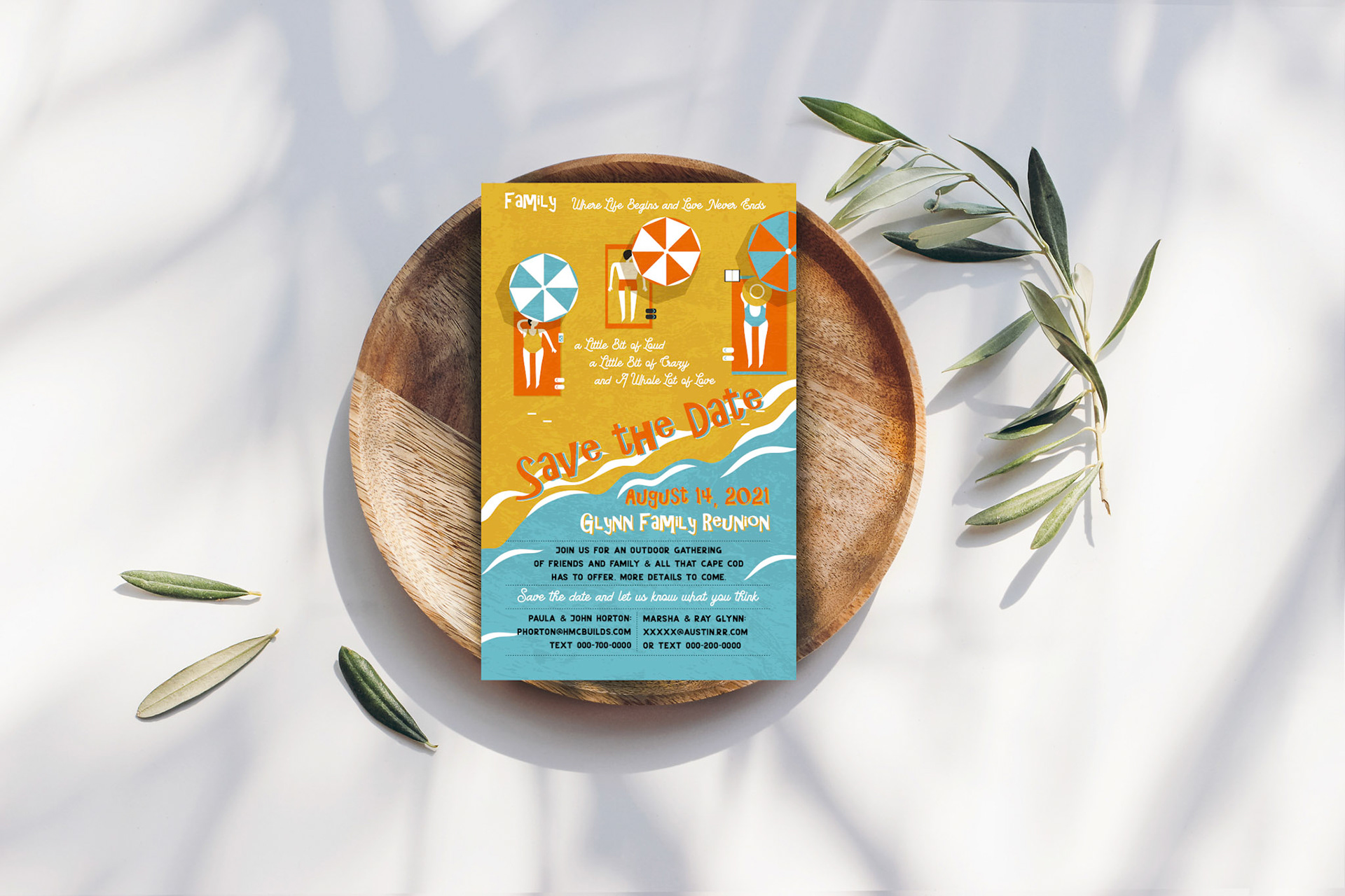 Summer wedding stationery mock-up scene. Blank greeting card, wooden plate, olive tree leaves and branches in sunlight, white table background with palm shadows. Feminine flat lay, top view.