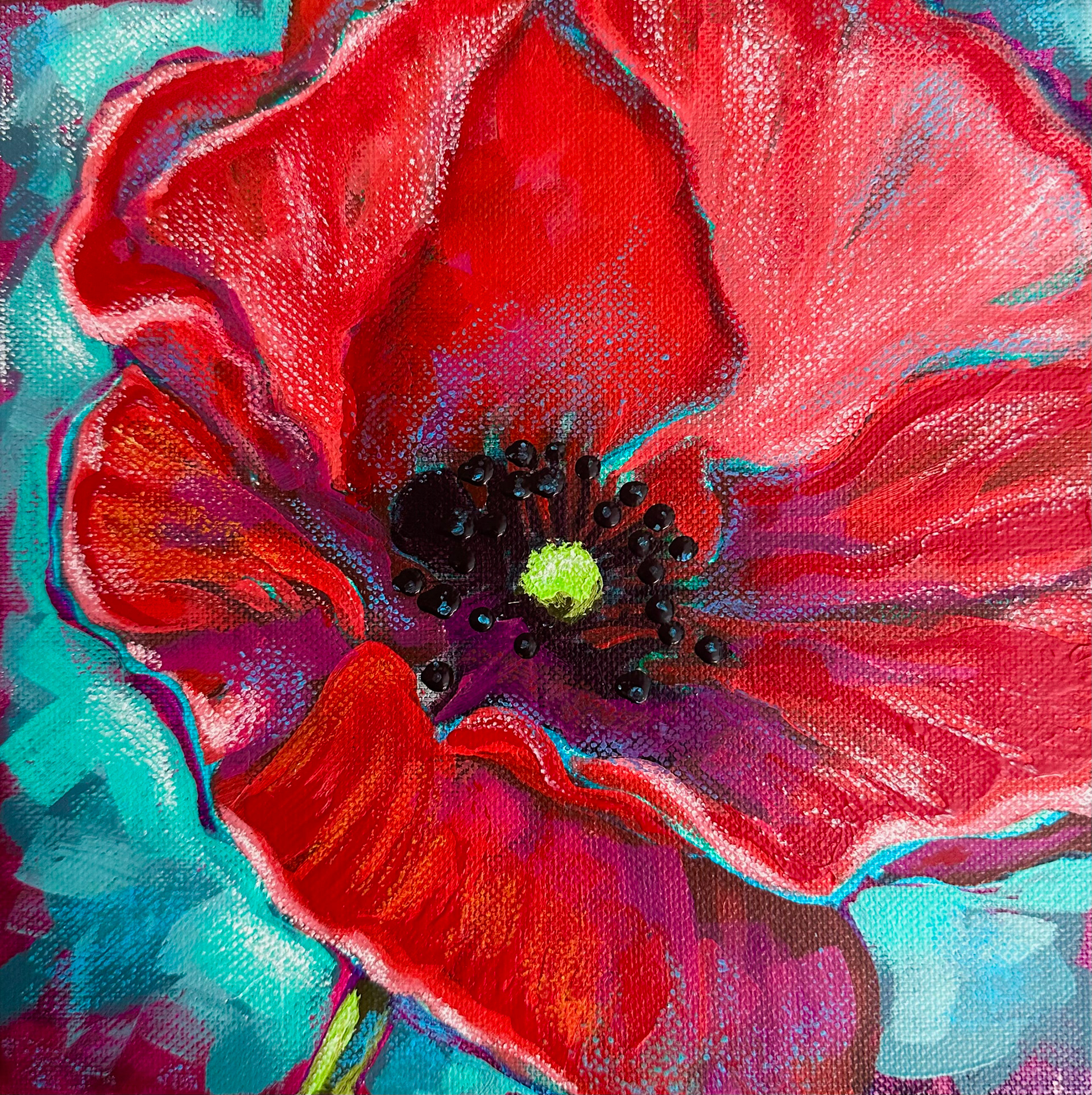 Poppy mixed media painting. Primarily acrylic, with touches of pastel and paint pens. Compliments to @ali_kay_studio  painting class tutorial. 