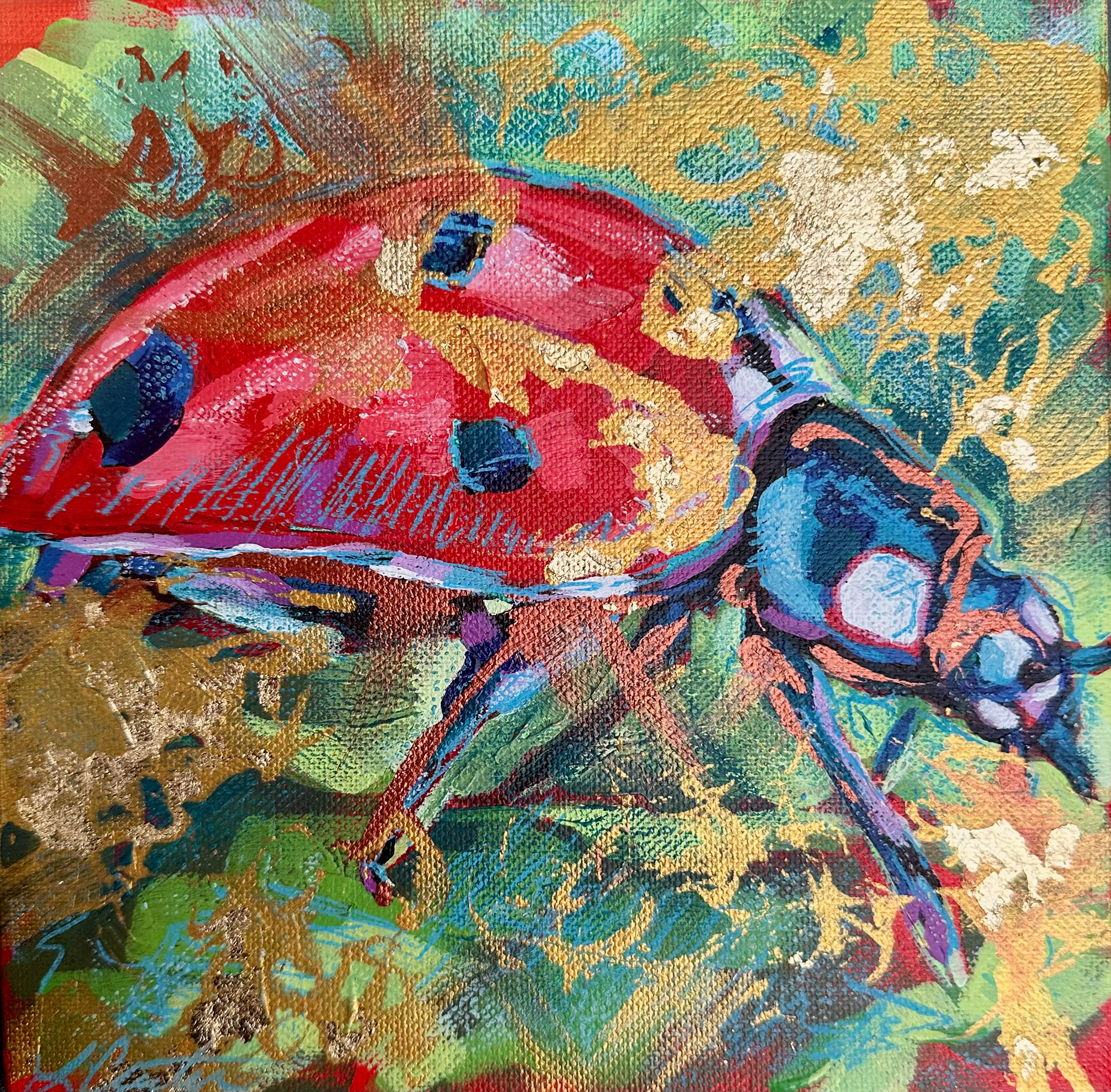 Mixed media painting. Primarily acrylic, with touches of gold and copper fluid inks, pastel and paint pens. Compliments to @ali_kay_studio  painting class tutorial. 