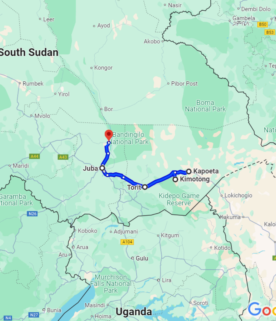 Trajectory of our trip. Juba to Kapoeta over 6 days, and flew back to Juba from Kapoeta. Then North from Juba to a Mundari cattle camp.  We found a camp just on the N side of Juba, so the trip wasn't as far north as this map indicates.