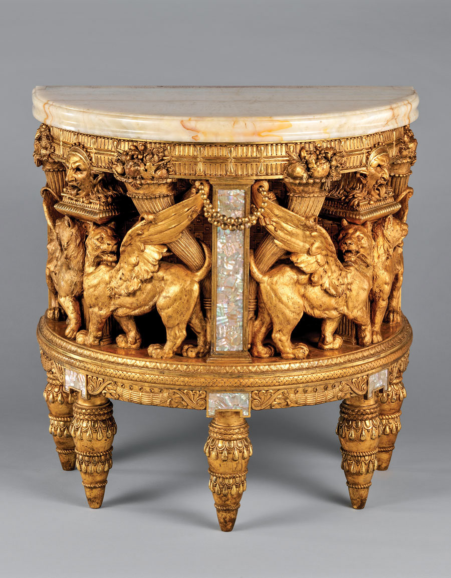 Herter Brothers (1864–1906), Console from the drawing room of the William H. Vanderbilt House, New York City, 1879–1882. Gilded wood, abalone, Egyptian alabaster, composition ornament. 35-1/4 x 34-1/4 in. The Metropolitan Museum of Art; Gift of Jan and Warren Adelson