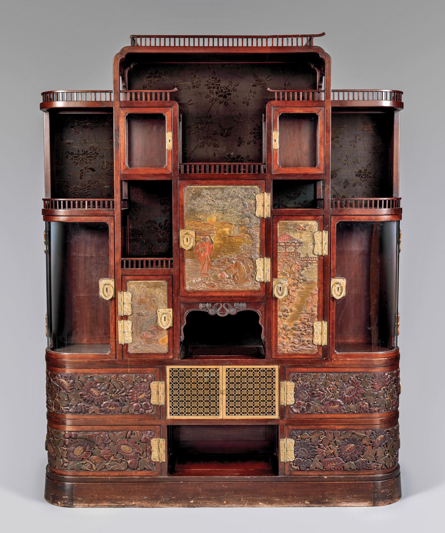 Herter Brothers (1864–1906), Cabinet from the Japanese parlor of the William H. Vanderbilt House, New York City, 1879–1882. Cherry, brass, and later textile. 76-7/8 x 60 x 12 in. The Metropolitan Museum of Art; Gift of Barrie A. and Deedee Wigmore,