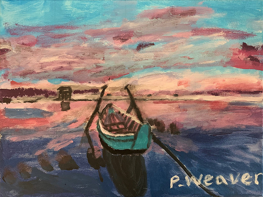 A small boat in Sunset - acrylic