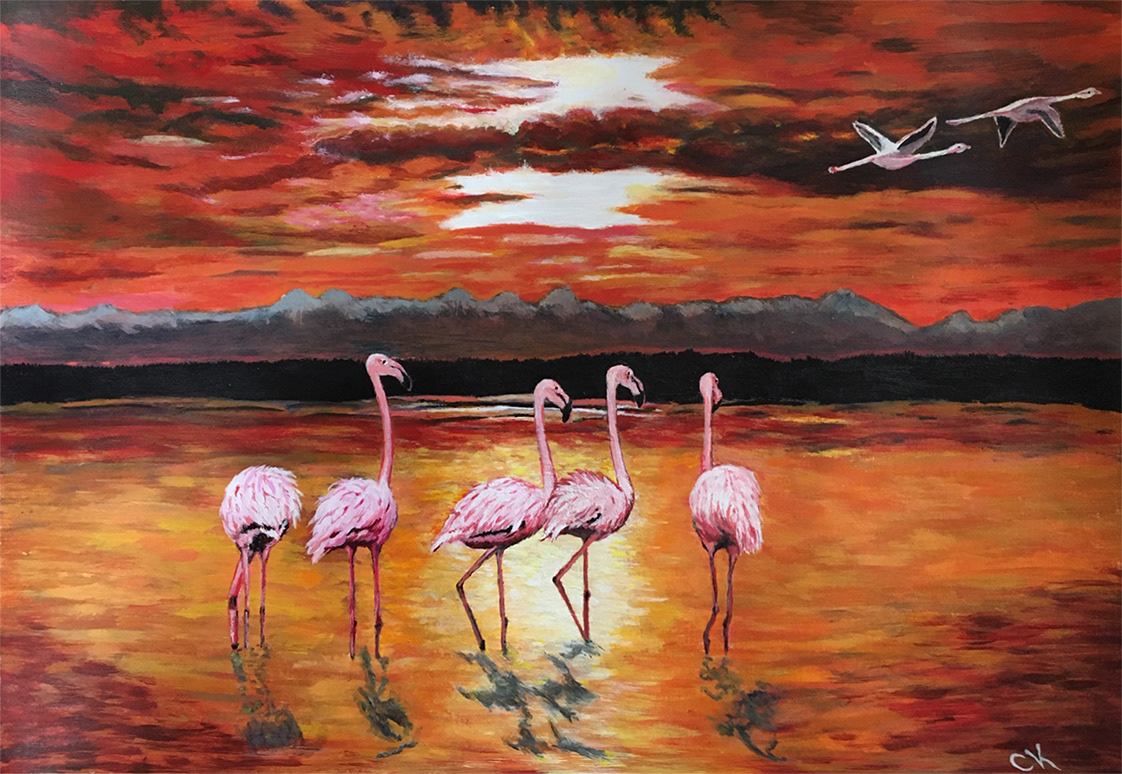 Flamingos Sunset - acrylic painting