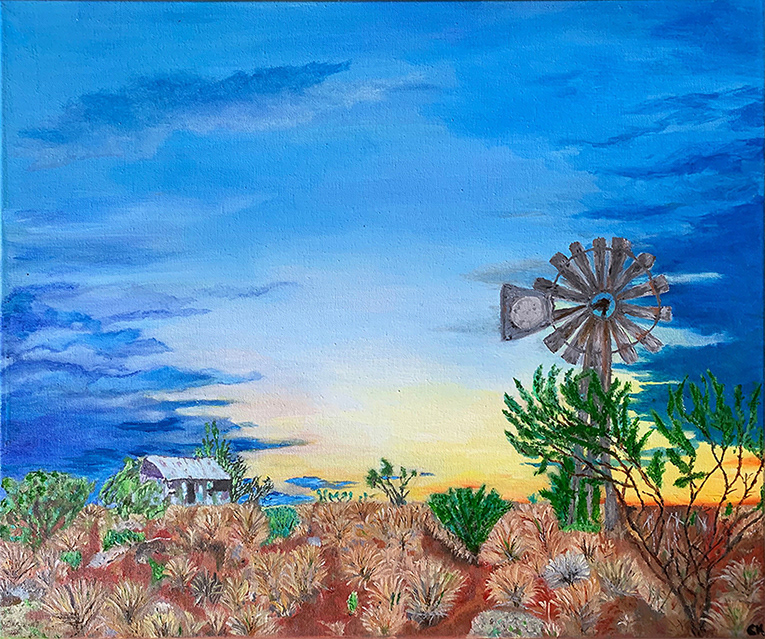 A windmill & a tin shed at outback - oil