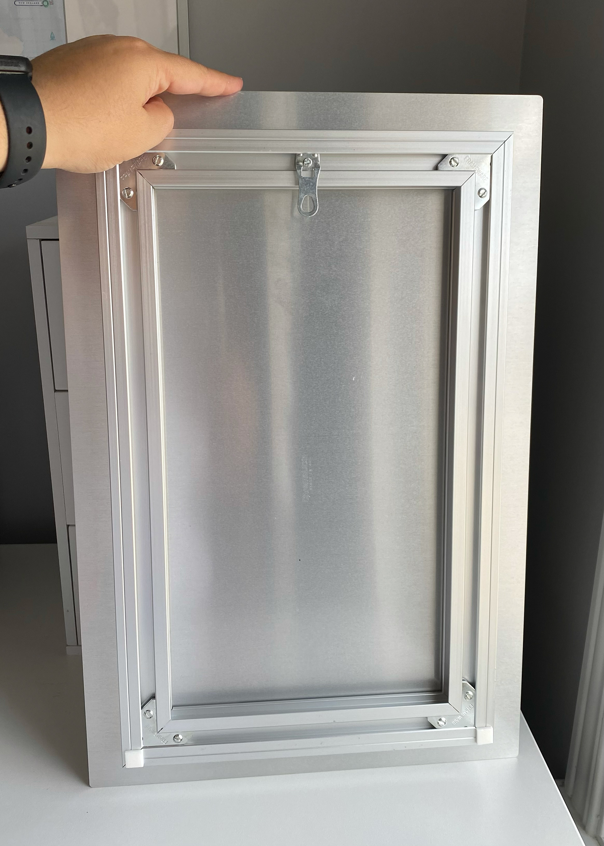 Float Mounted Metal Print hanging hardware behind