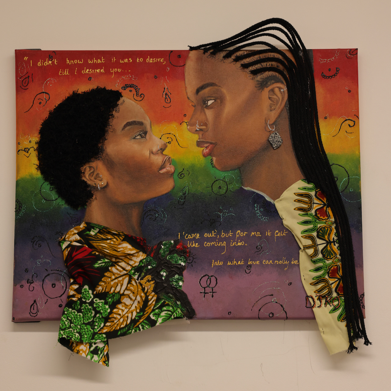 DOOBEE Title: I think I like you I think I like you, is how I feel coming out, a level of intimacy I struggled to feel with men, I finally began to feel with women. Queer authors painted a beautiful picture in my mind of this love which is why I created this piece, especially for this exhibition to depict this representation. 2022
