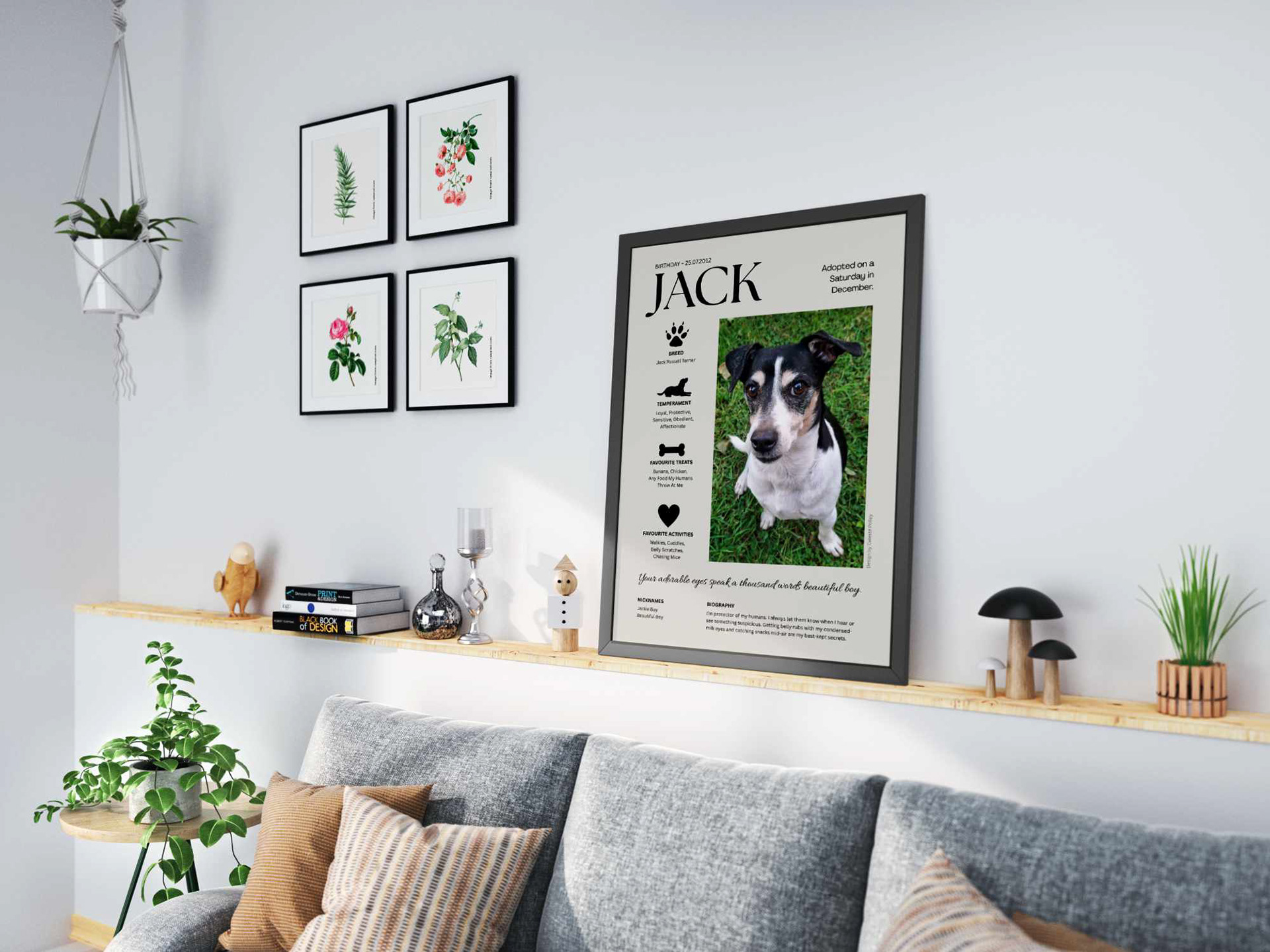 Pet portrait design in a black frame displayed in a living room above the couch with other ornaments.