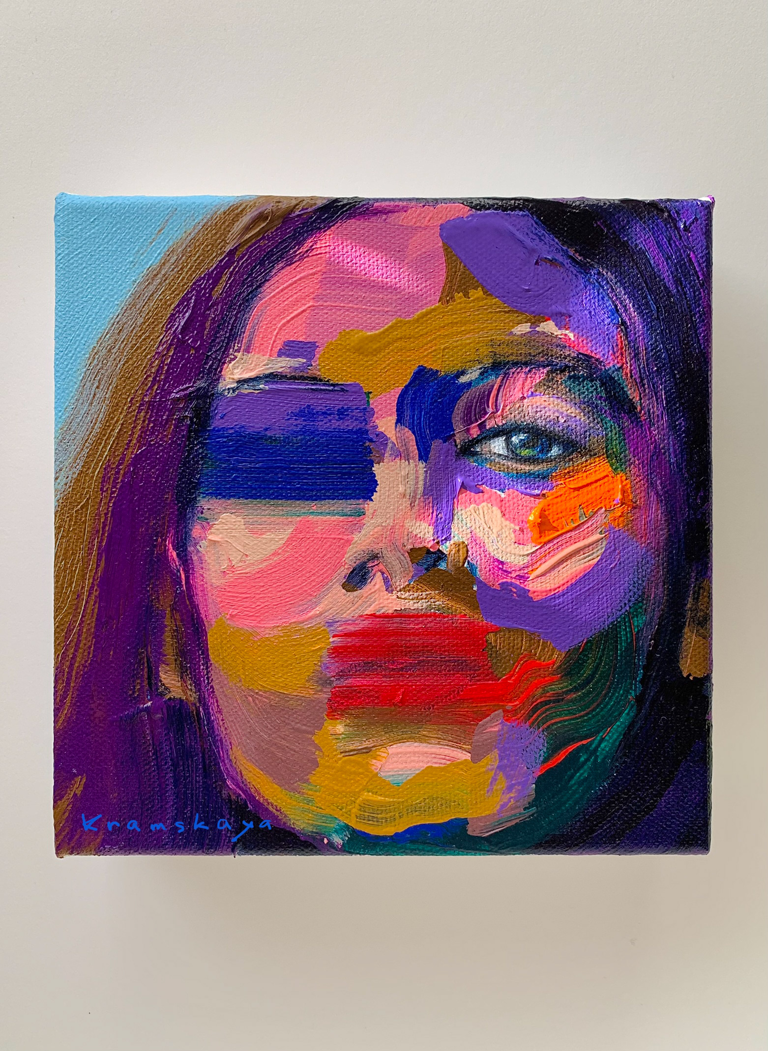Abstract portrait painting, 2022, acrylic on gallery canvas, 6"x6"x1.5", $250