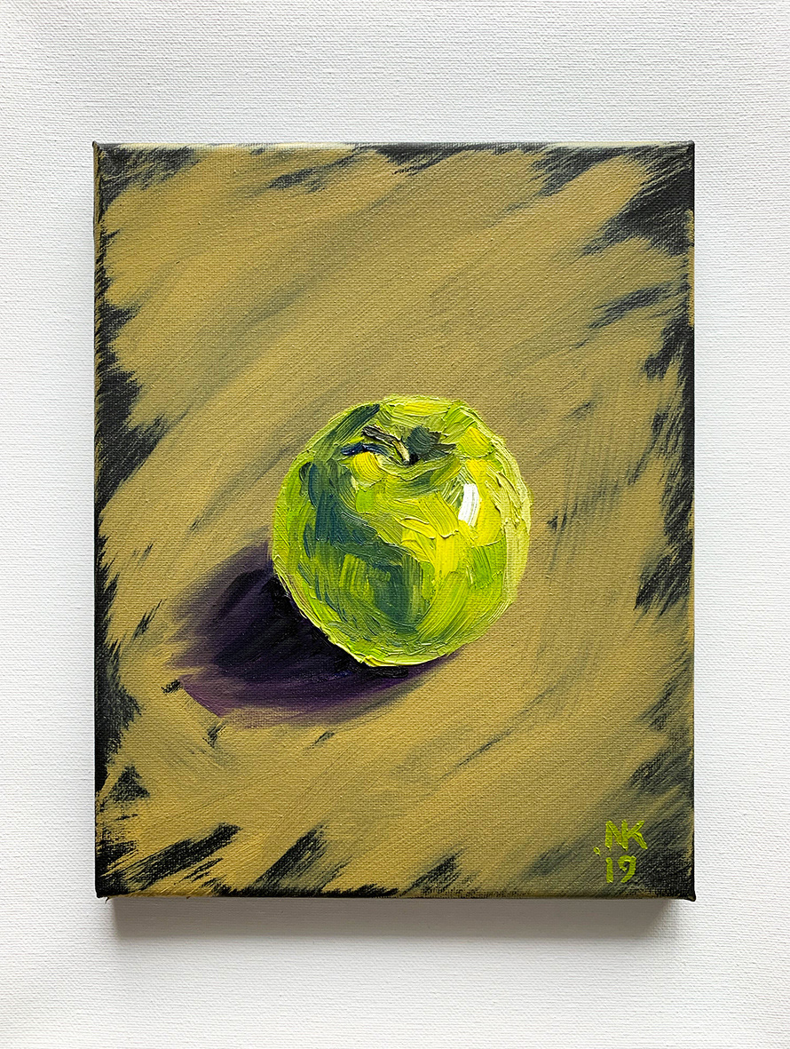 'Green Apple’, 2019 Oil painting study of a single Granny Smith bright green apple. Quick expressive brushstrokes on black canvas. $95.00 with free continental US shipping Oil on canvas, 8 inches wide, by 10 inches tall, by 0.5 inches deep,