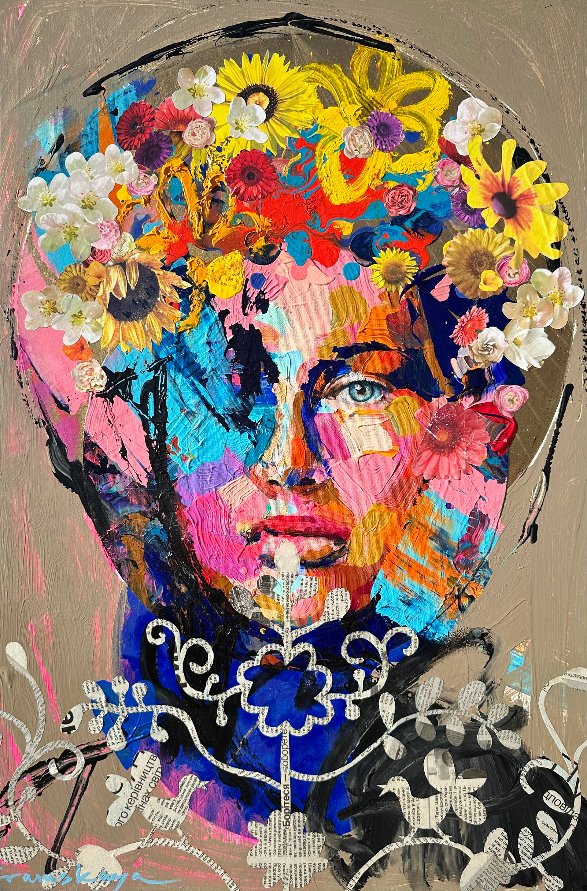 Painting of a woman with a flower crown by Californian artist Natasha Kramskaya