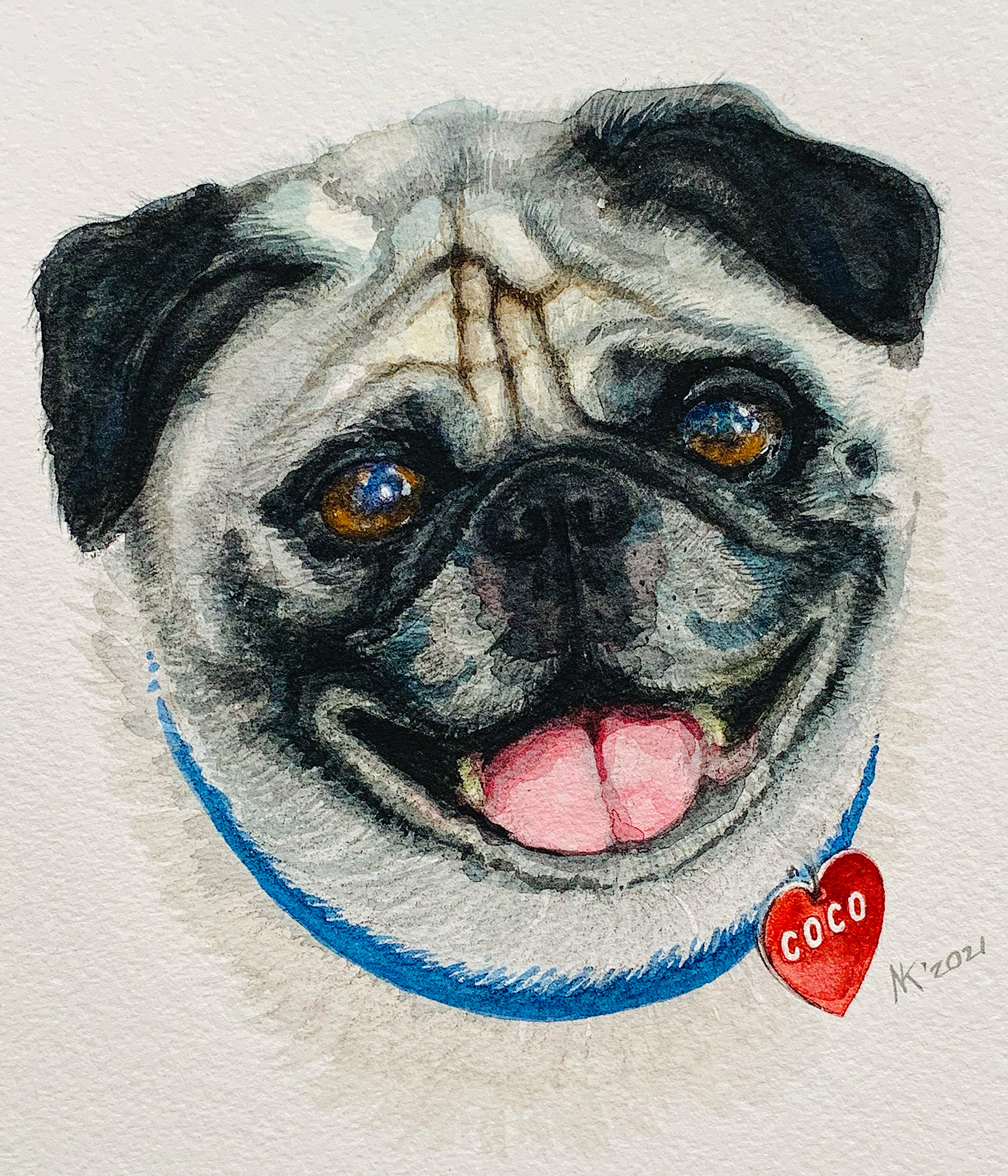 Commissioned watercolor portrait of a dog, painted by Bay Area artist Natasha Kramskaya