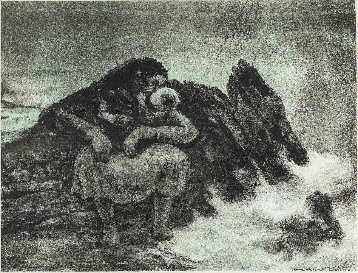 «Kvinnen, barnet og havet». Blandet teknikk på papir, etter 1983 ÓEspolin Johnson/BONO (ENG: The Woman, the Child and the Sea)