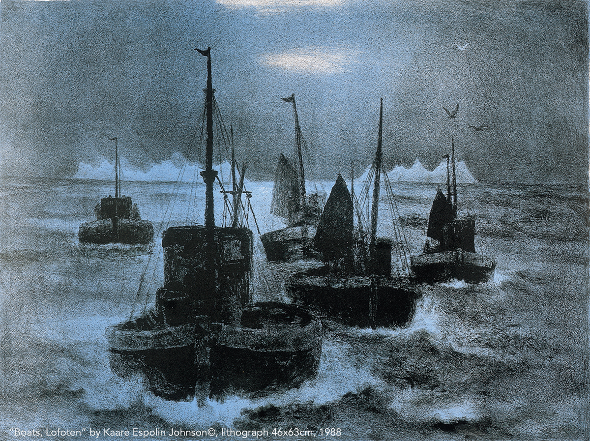 «Skøyter, Lofoten». Litografi, 1983. ÓEspolin Johnson/BONO (ENG: Boats, Lofoten)