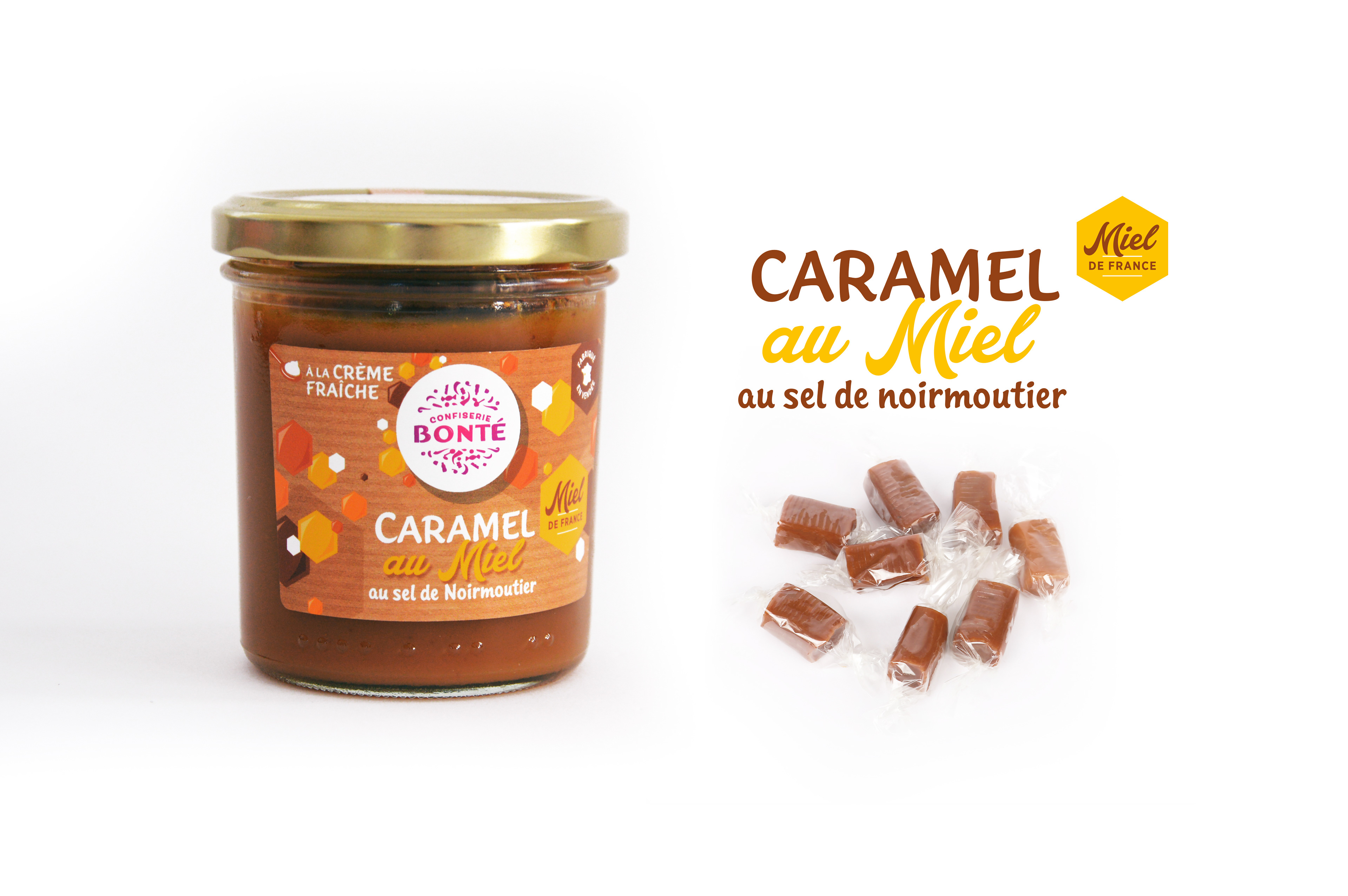 packagin création graphique d'une étiquette "caramel au miel à tartiner", fond bleu marine et fleuile verte avec des citrons jaunes, food pack, alimentaire, graphisme en vendée, les Herbiers