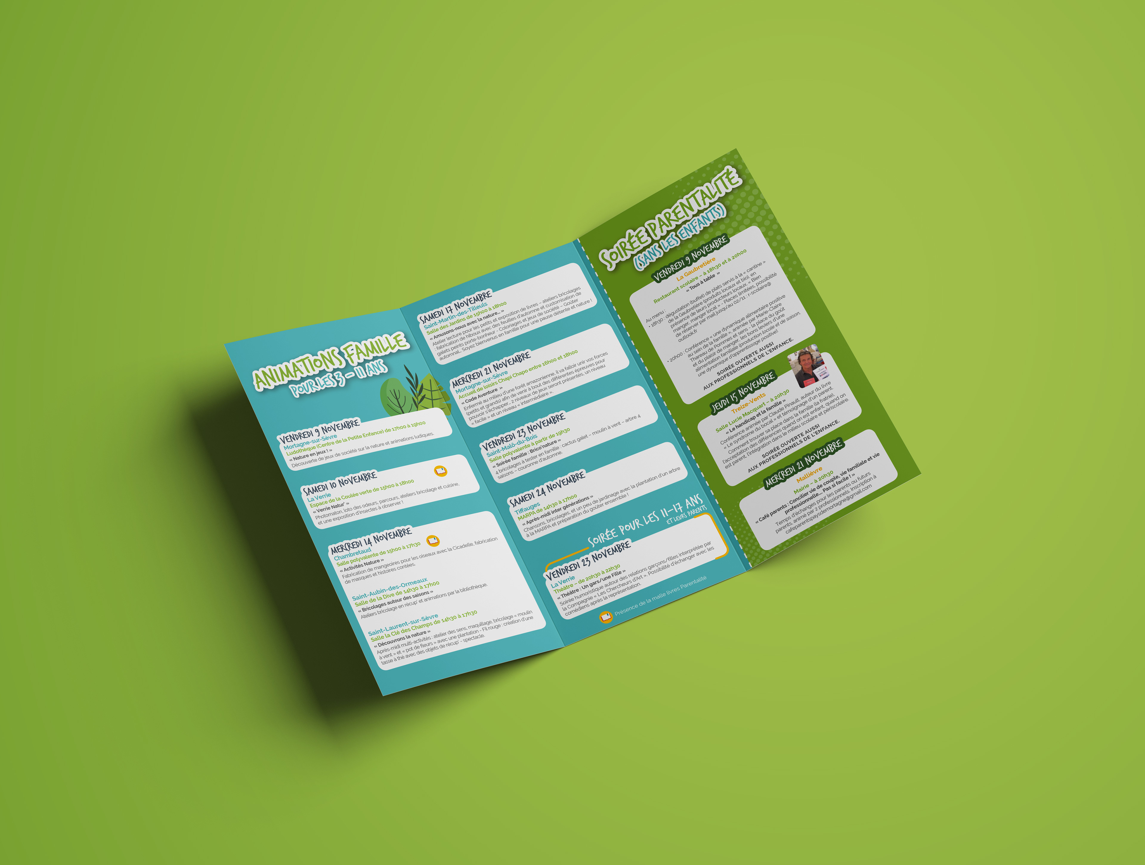 intérieur du dépliant 3 volets. Petite brochure, mise en page, texte sur flyer, graphisme.