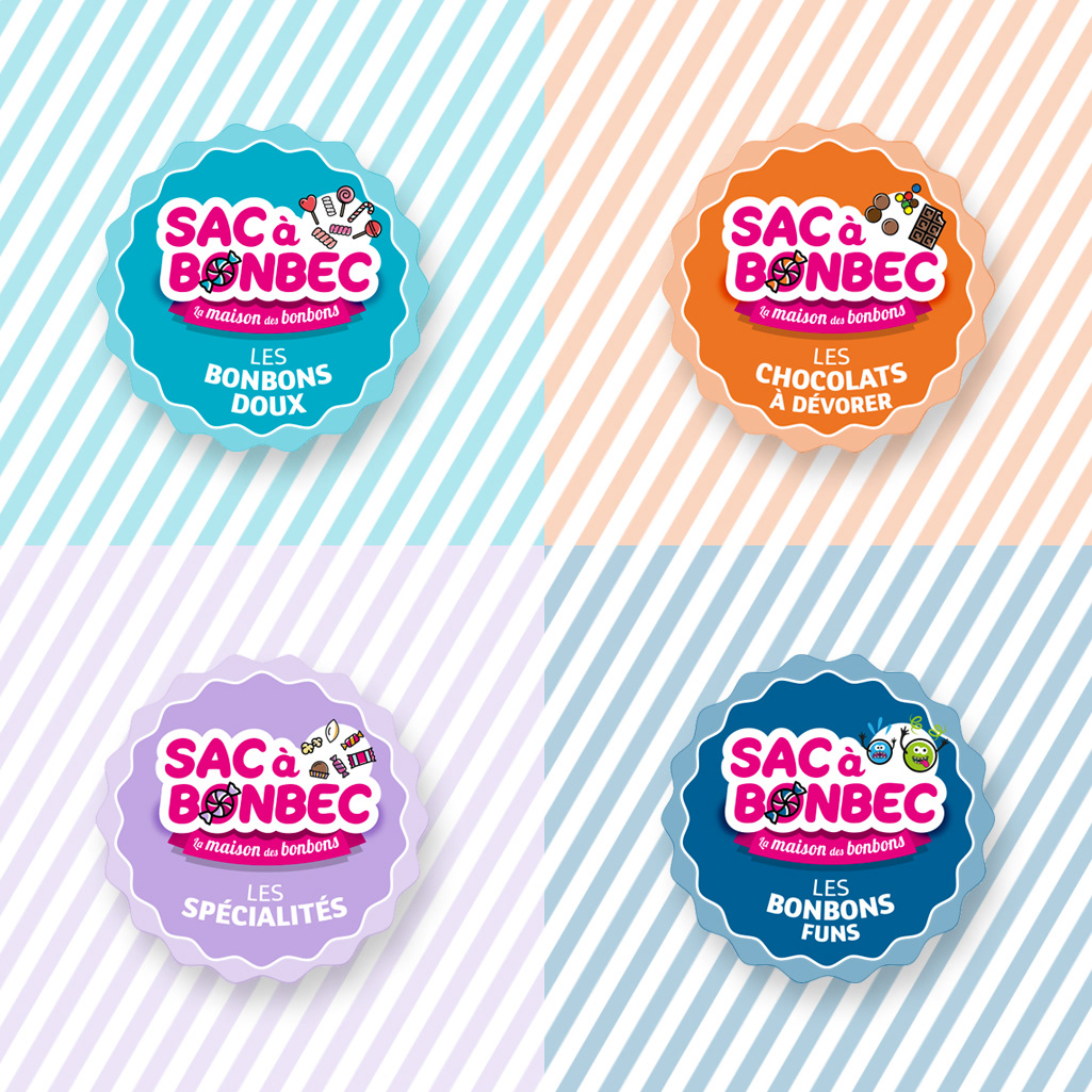 étiquettes pour les différentes gammes de confiseries : bonbons doux, chocolats à dévorer, les spécialités, les bonbons funs. Coloré, acidulé. Packagin food, alimentaire, confiserie