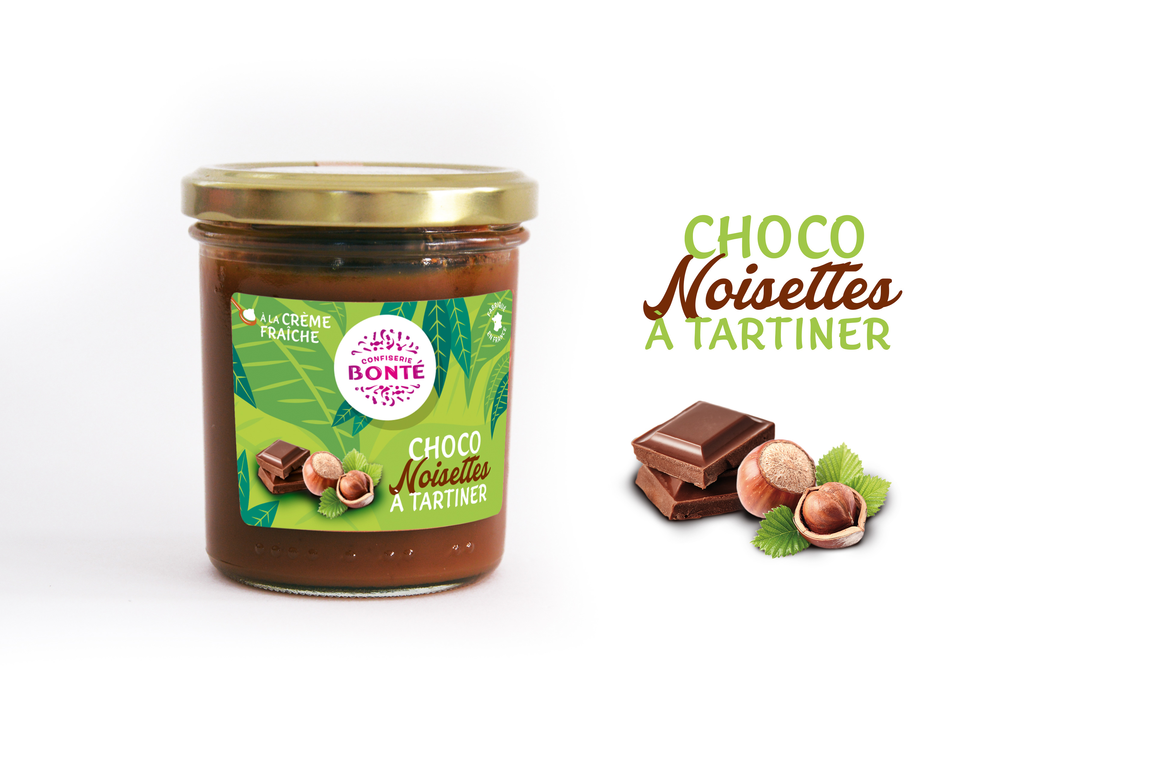 packagin création graphique d'une étiquette "choco noisettes à tartiner", fond bleu marine et fleuile verte avec des citrons jaunes, food pack, alimentaire, graphisme en vendée, les Herbiers