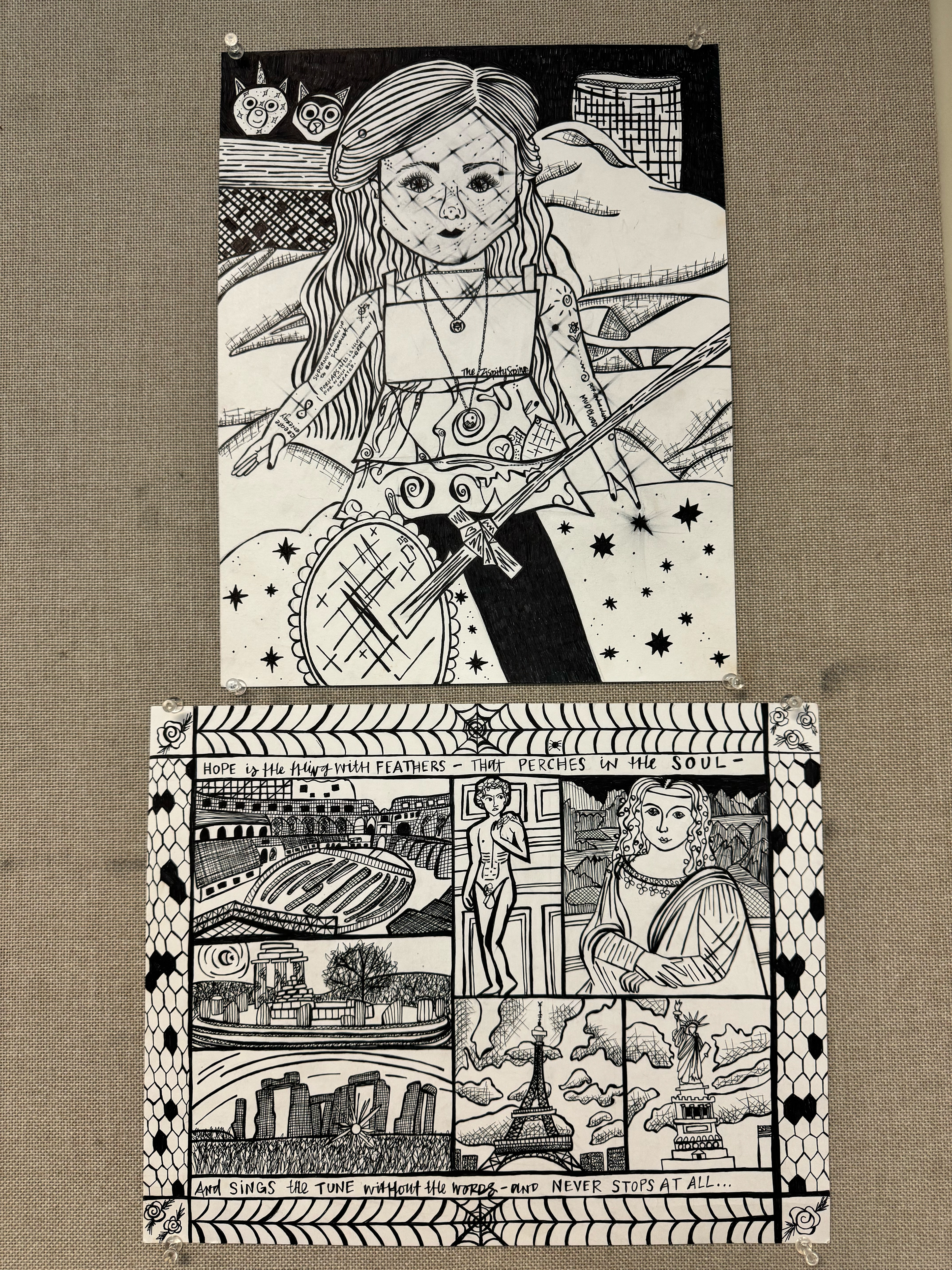 ... the last two assignments I chose to do in pen - an almost self portrait of an American Girl Doll and a "Story Quilt" of many influential places and pieces of art.