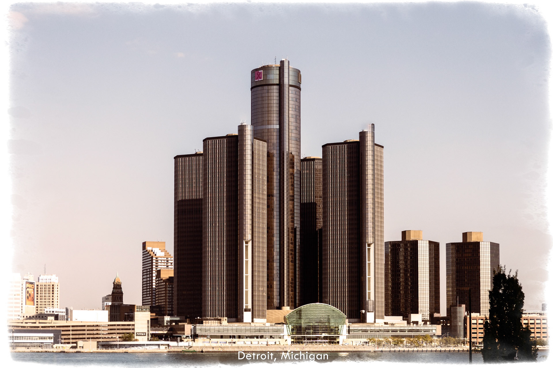 Faux vintage style card of Rennaisance Center from Windsor riverline,  Scott Kelby Photo Walk, Windsor, Ontario, 2025