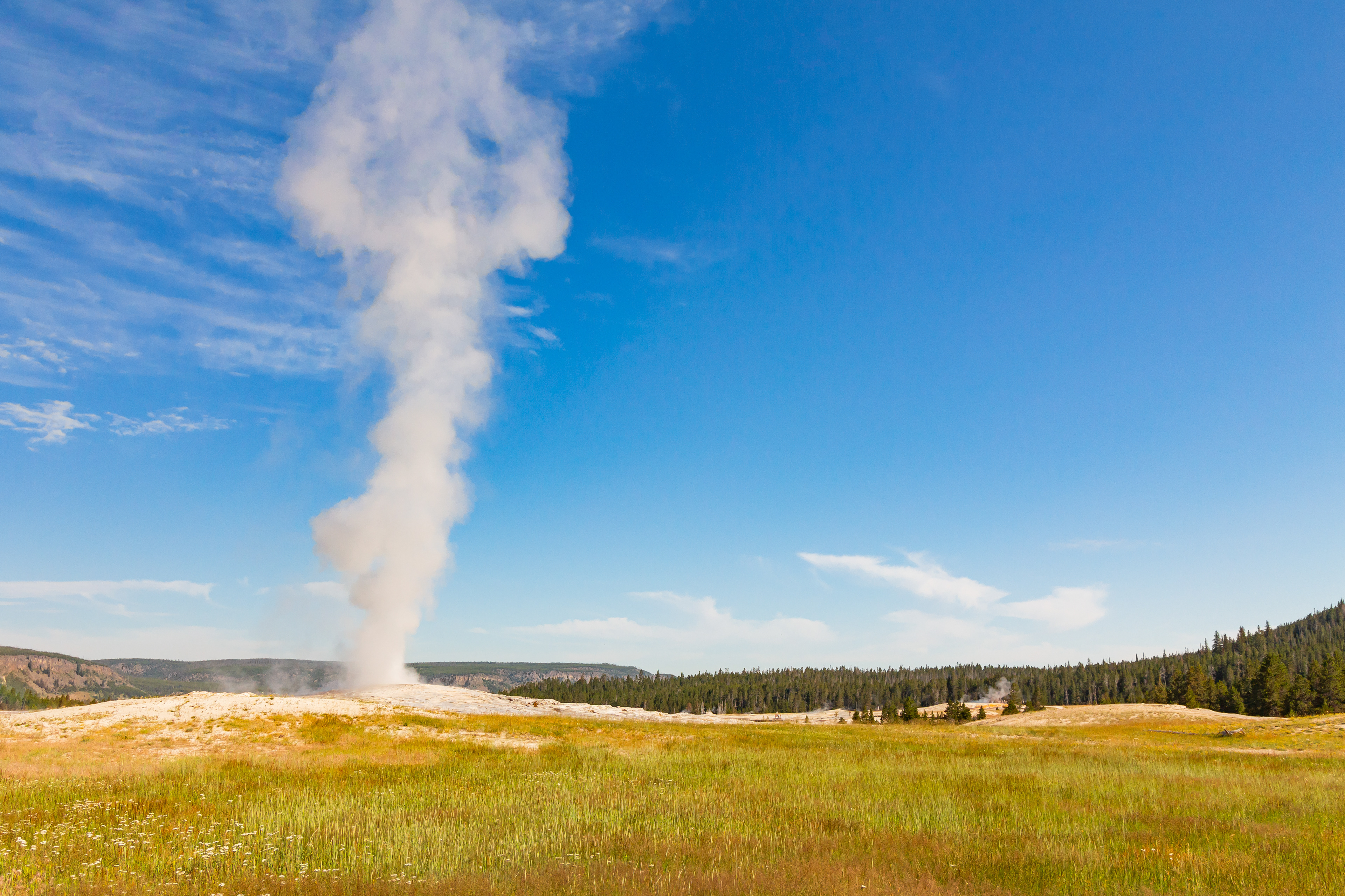 Photograph of Old Faithful steaming in Yellowstone National Park, Wyoming.