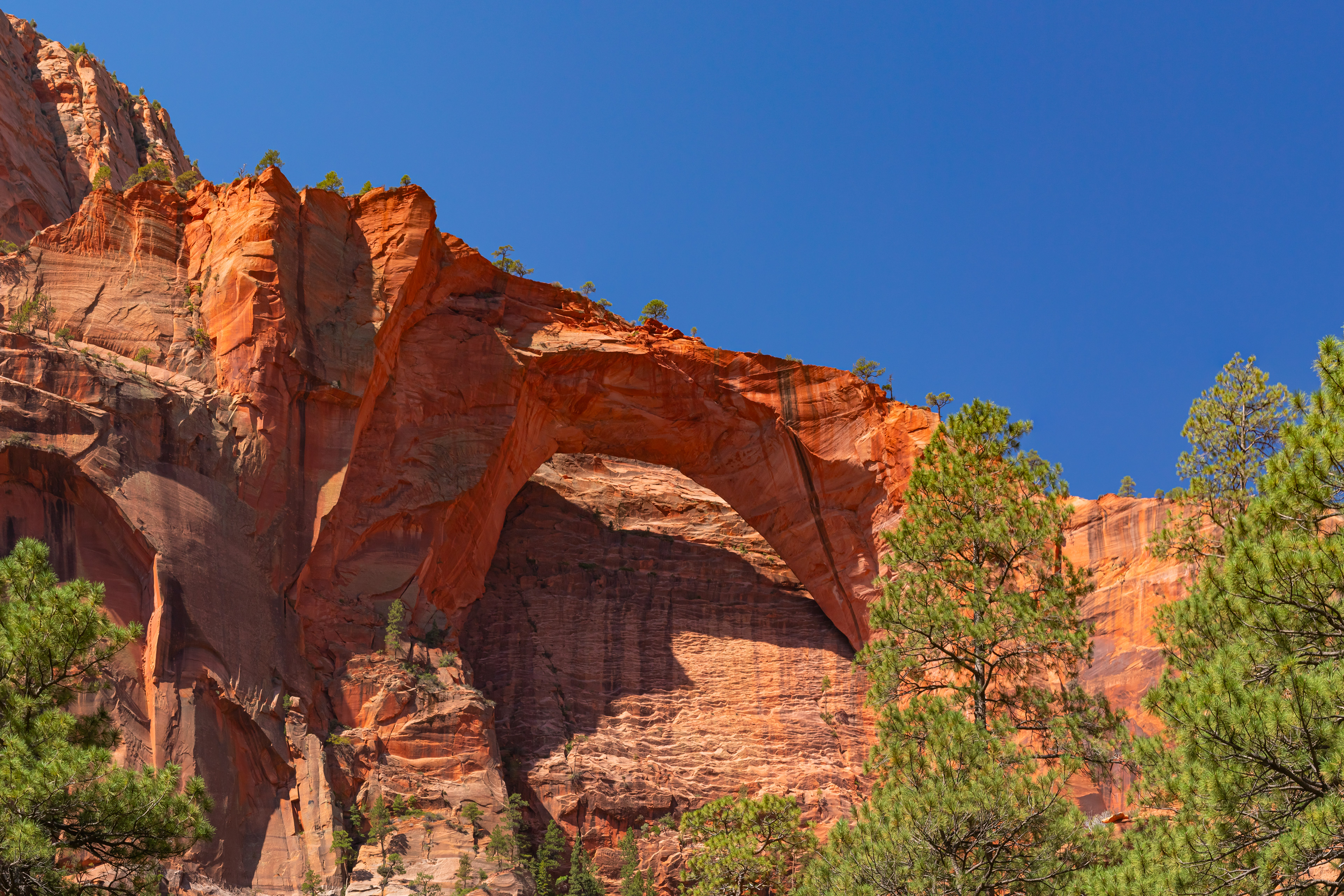 Photograph of Kolob Arch in Zion National Park, Utah, featuring a massive natural sandstone arch set within a rugged desert canyon.