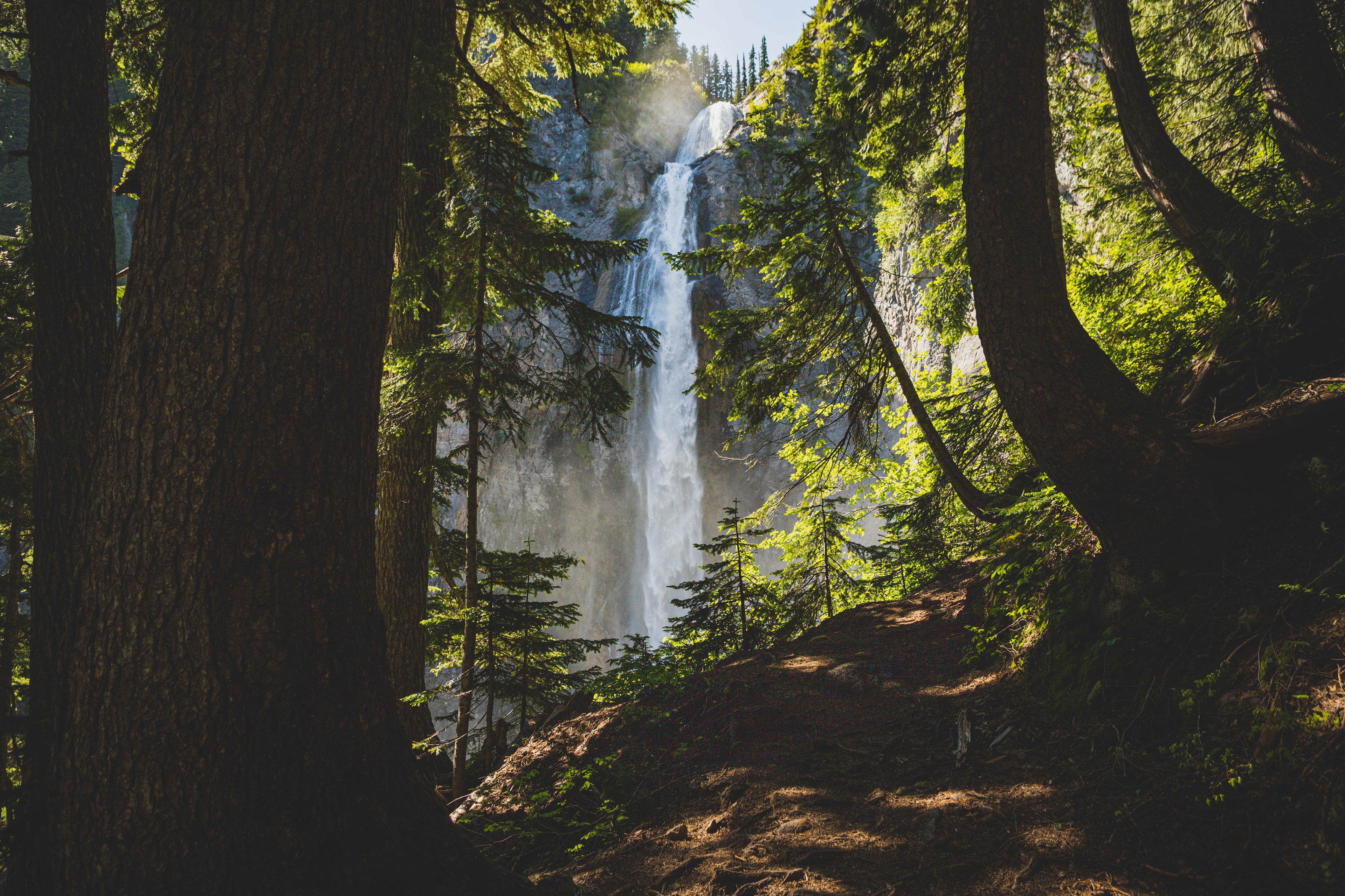 Photograph of Comet Falls seen through forest trees in Mount Rainier National Park, Washington, with cascading water and dense evergreen surroundings.
