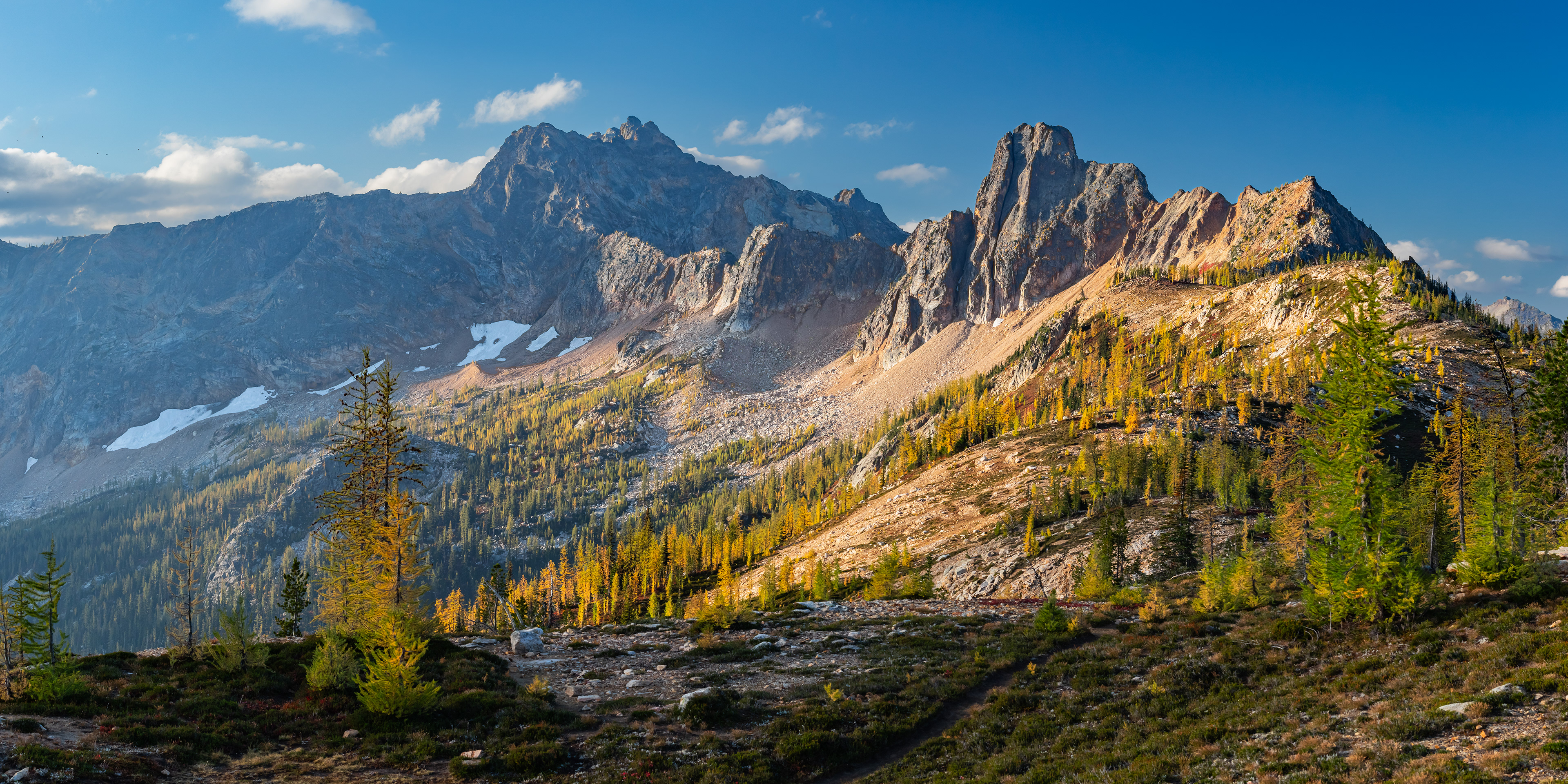Photograph of fall larch trees at Cutthroat Pass in the Okanogan–Wenatchee National Forest, Washington, with golden needles, alpine slopes, and surrounding North Cascades peaks.