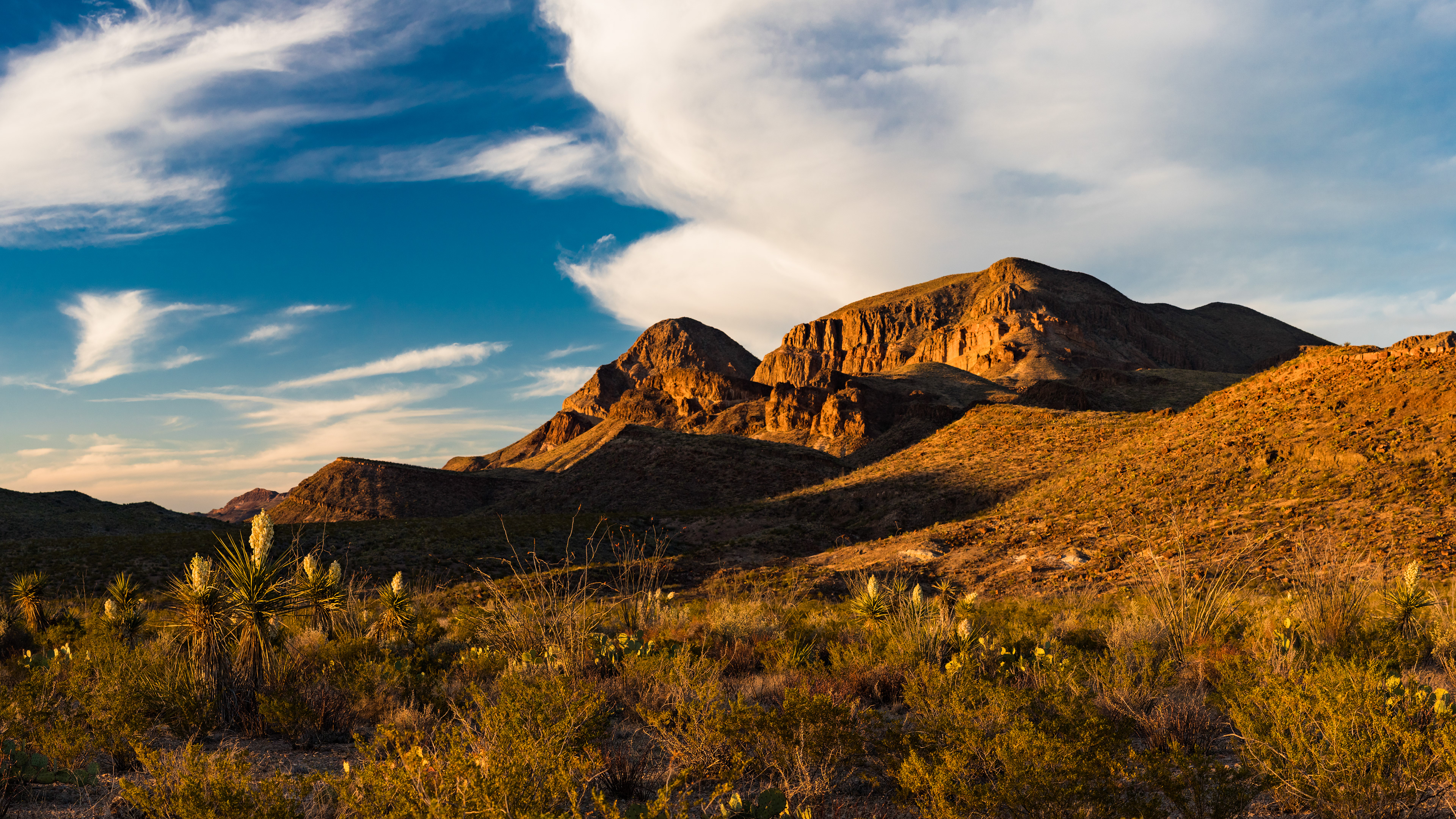 Photograph of Big Bend National Park at golden hour in Texas, with warm light illuminating desert hills, arid vegetation, and expansive open terrain.