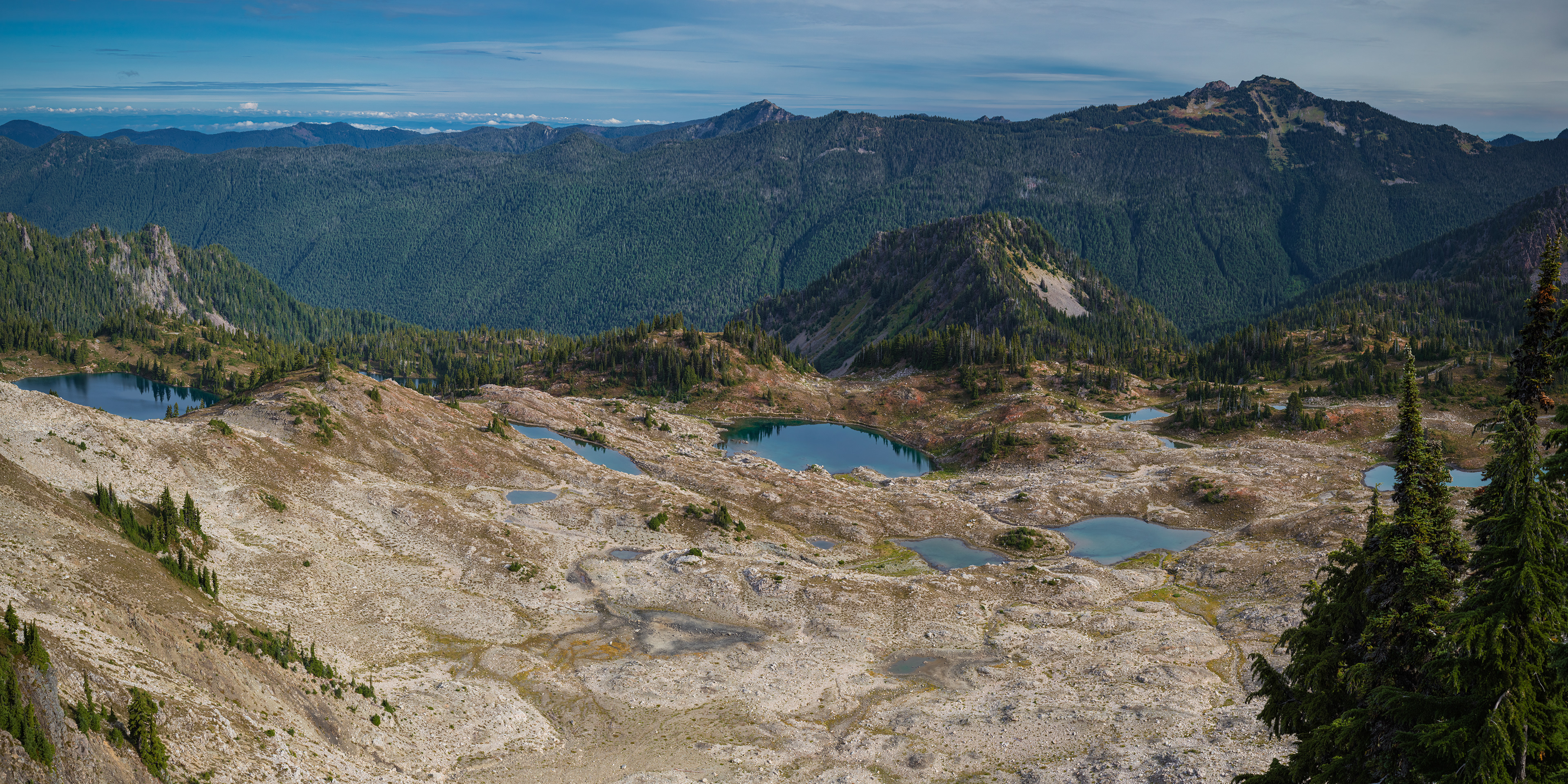 Landscape photograph of the Seven Lakes Basin in Olympic National Park, Washington, showcasing high country lakes, open alpine terrain, and panoramic views.