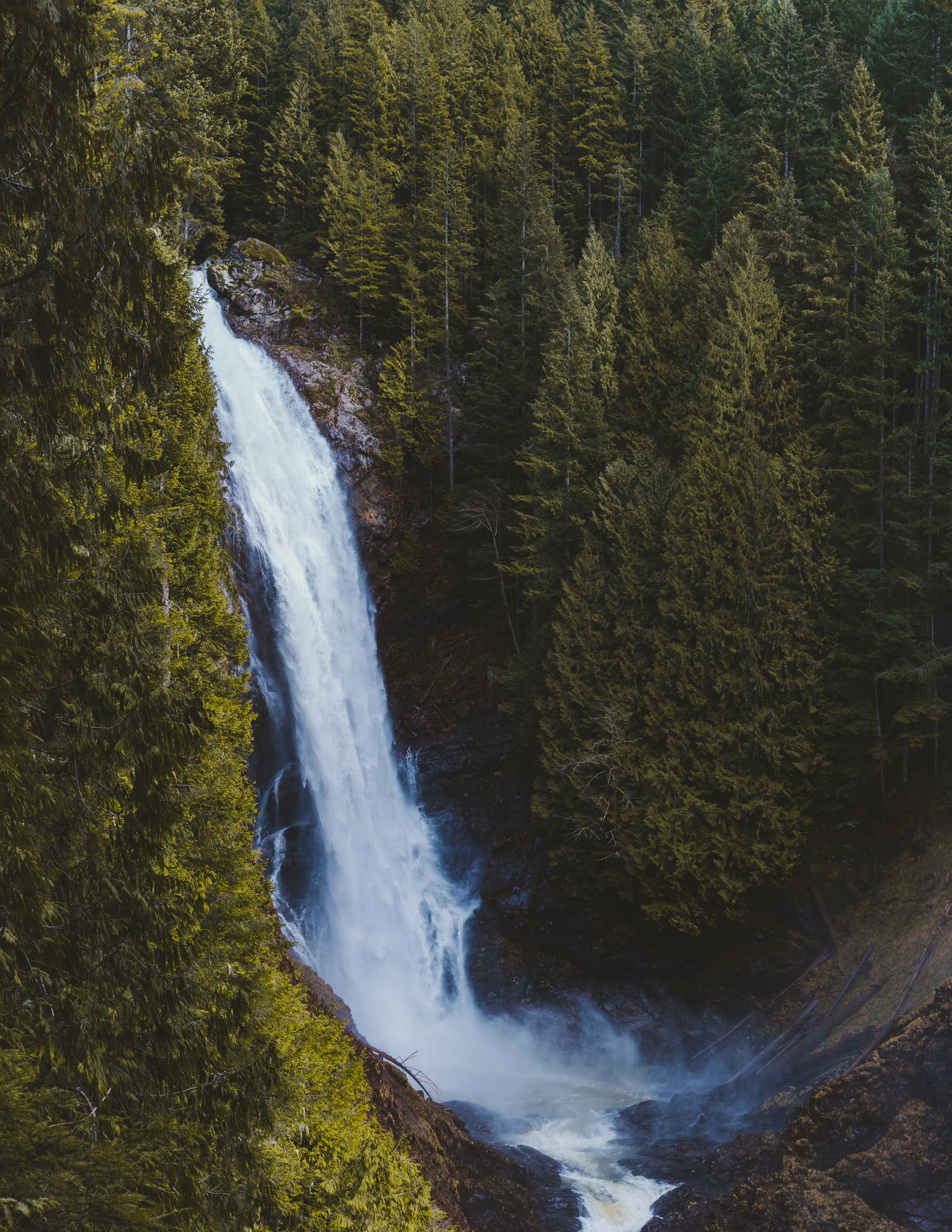 Photograph of Wallace Falls in Wallace Falls State Park, Washington, with cascading water, mossy cliffs, and dense forest.