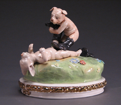 A Good Catch, 2006, cone 6 porcelain, glaze, underglaze, china paint, luster