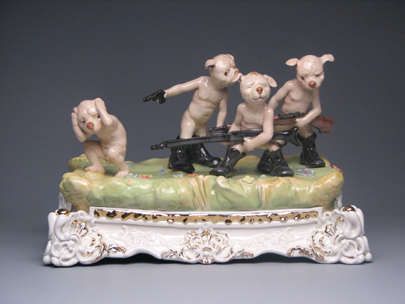 Culprits, 2008, cone 6 porcelain, glaze, underglaze, china paint, luster