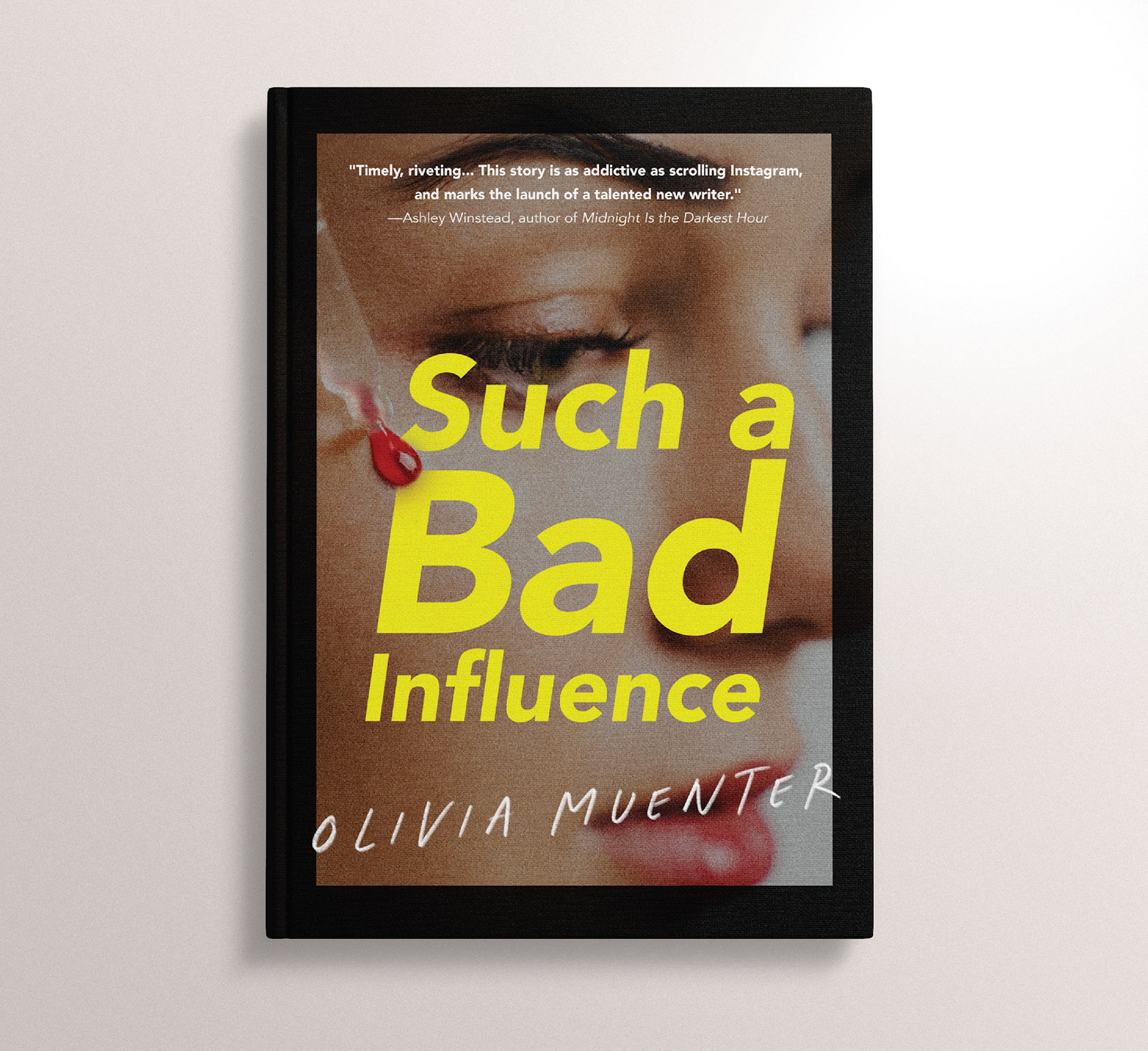 Self-directed personal project / This alternate cover for Olivia Muenter's debut thriller expands upon the original text-based cover design. I selected an image that perfectly gels with the themes of social media mania, and added an ominous touch of blood to prime the reader for the sharp observations found within the story. The title type is a wink at Barbara Krueger's work, as she was similarly interested in interrogating our image-obsessed, consumerist culture!
