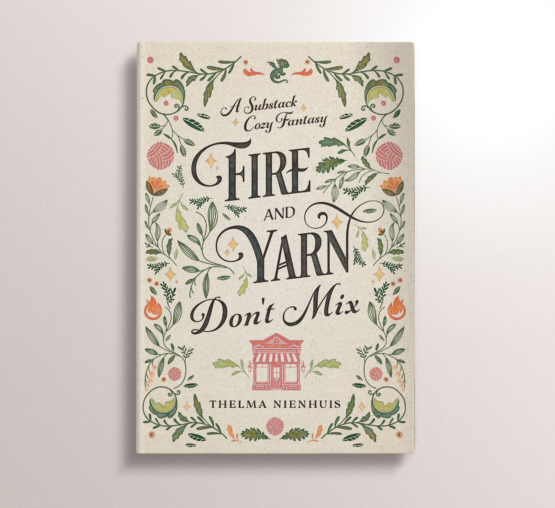 This cover for Thelma Nienhuis' cozy fantasy story uses warm textures, a soft palette, and pleasing organic illustration.