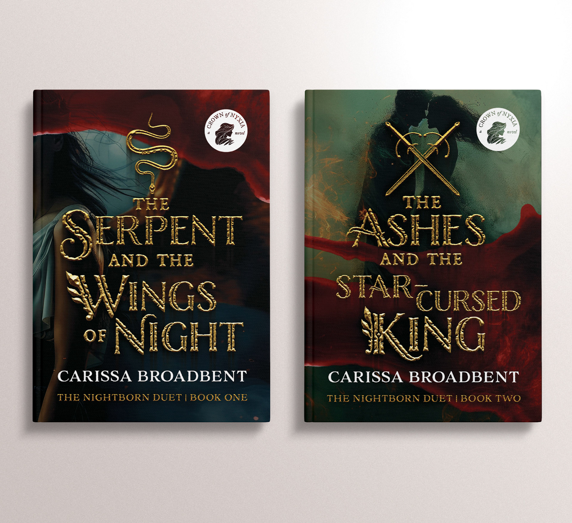 Self-directed personal project  / These alternate covers for Carissa Broadbent's romantasy duet blend gothic romance, gilded text and evocative imagery to create covers that not only work as individual titles, but pair intentionally for readers that value owning a cohesive series.