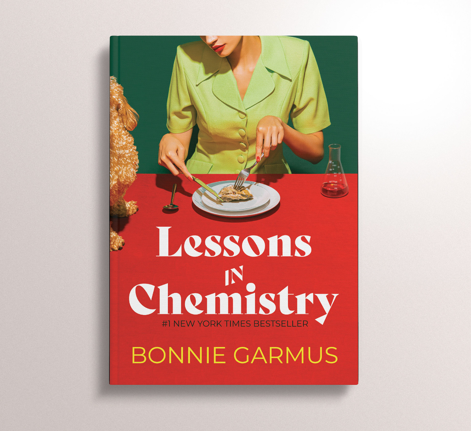Self-directed personal project / This alternate cover for Lessons in Chemistry seeks to rectify the dissonance readers noted between the heavier themes explored in the novel, and the neon orange cartoon cover of the initial paper back design. This cover embraces the 1960s setting, while still including some of the more playful elements of the story (ie: the narrating dog), and choosing and audacious  type and colour palette.