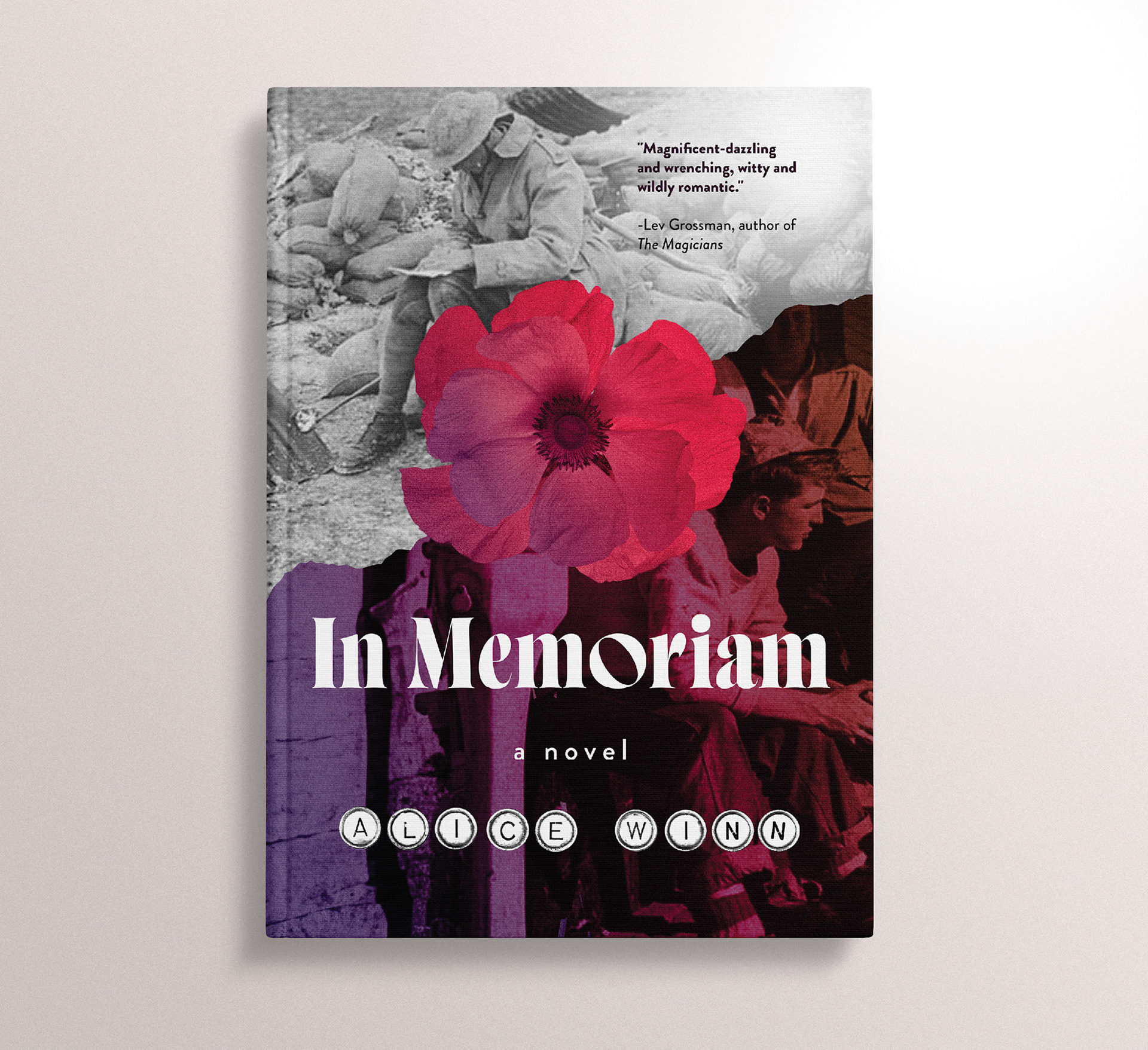 Self-directed personal project / This alternative cover of In Memoriam by Alice Winn uses period-appropriate images, one of which features a letter writer, as a nod at the epistolary structure of much of the story. It uses design tropes often associated with WWII fiction, while introducing contemporary type and colour, to allude to the revelatory queer love story that is the beating heart of the novel.
