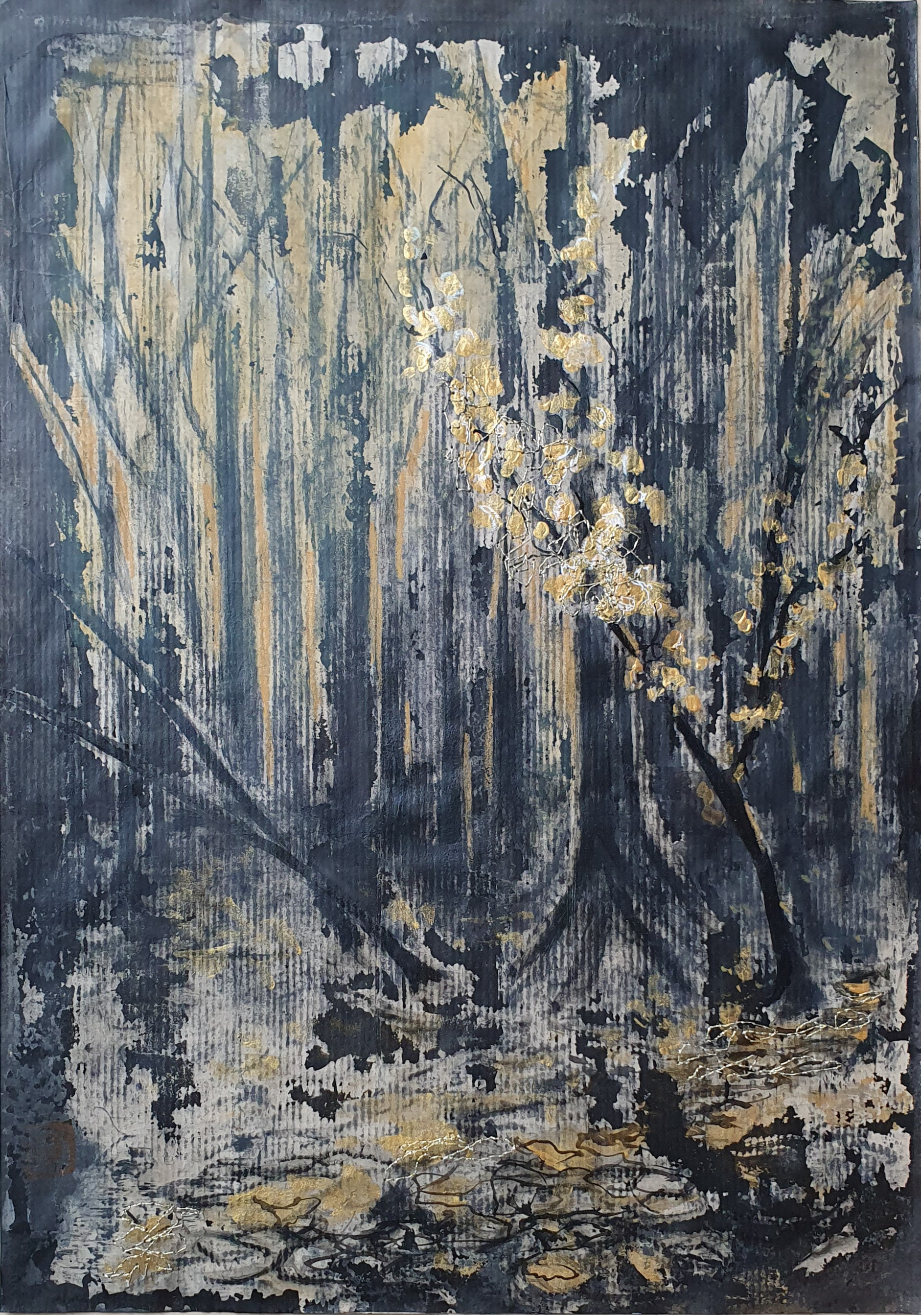 Underwood 1 30 x 42 - encre et or avec couture sur papier kraft