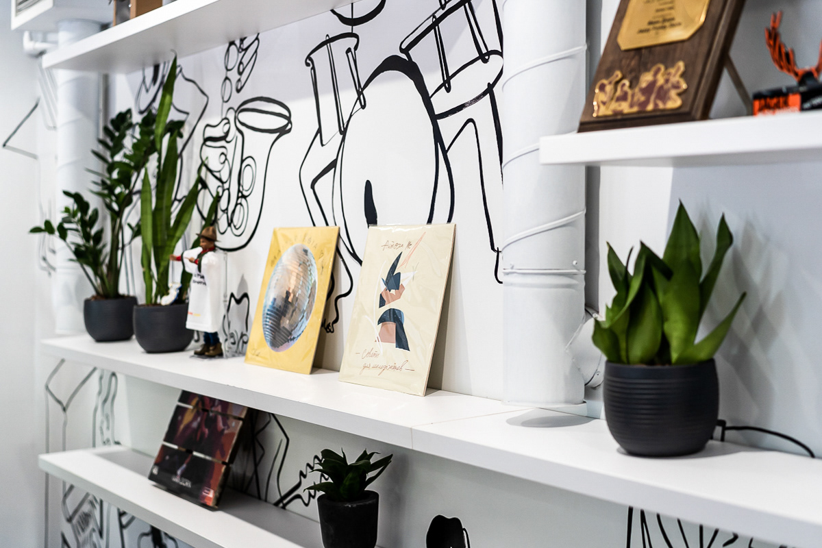shelves with art