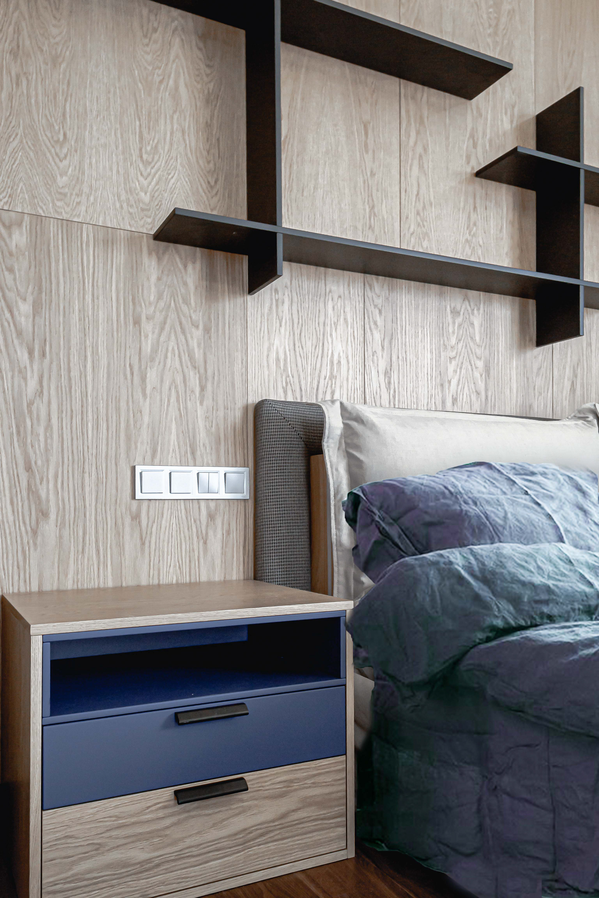 wood paneled wall with shelves