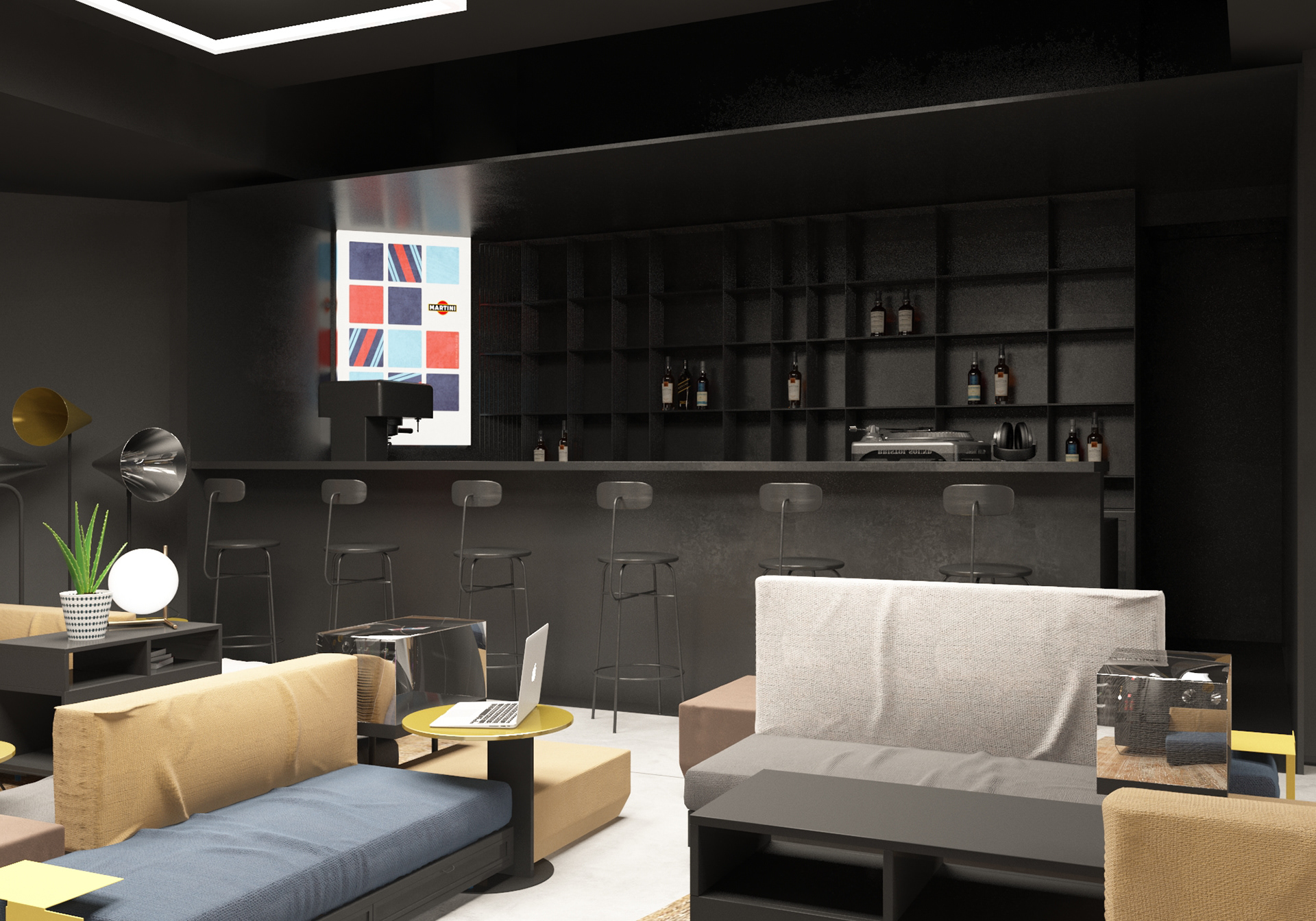 bar at the studio with a small kitchen behind