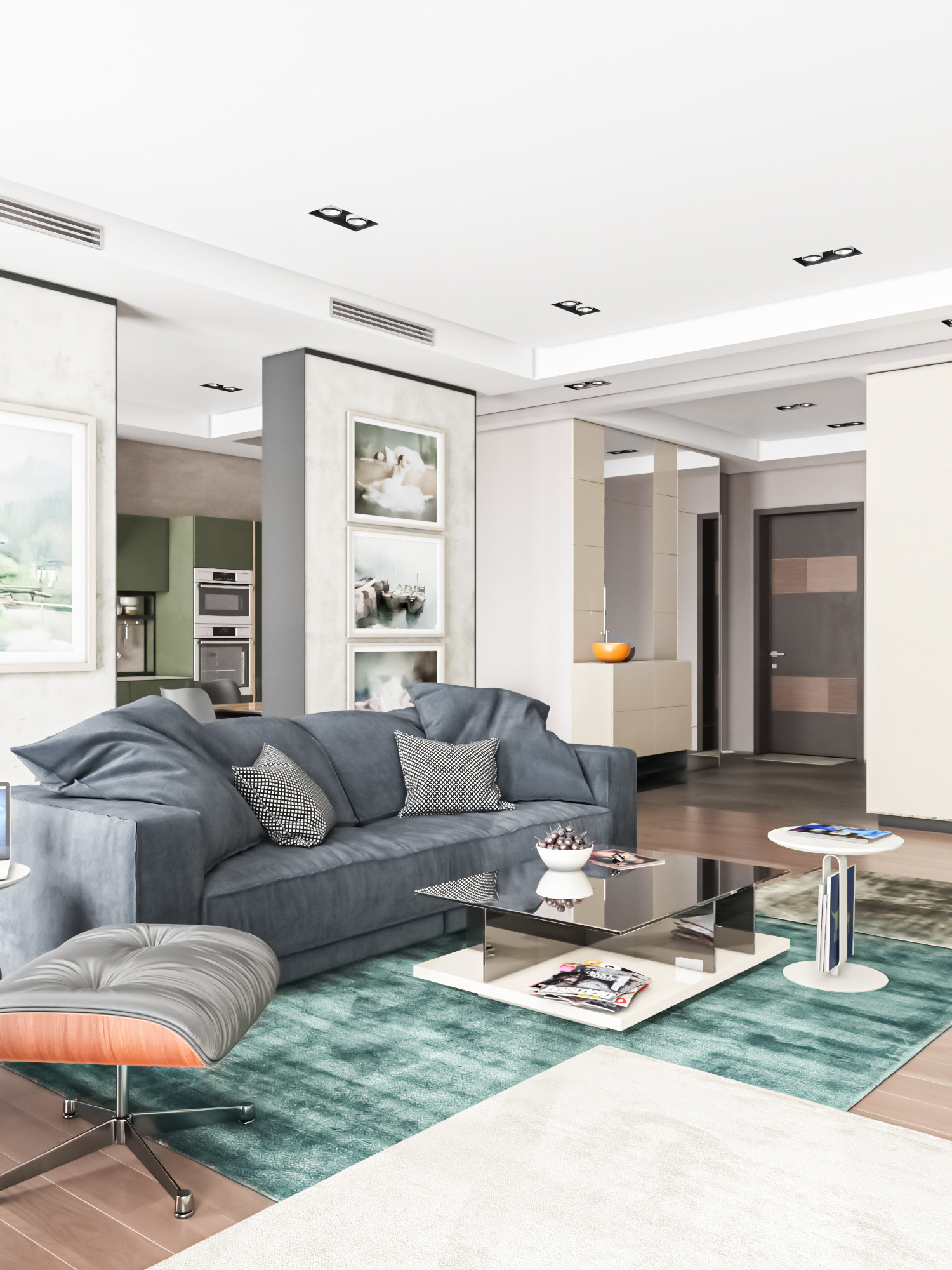 living room 3d with paintings and decor