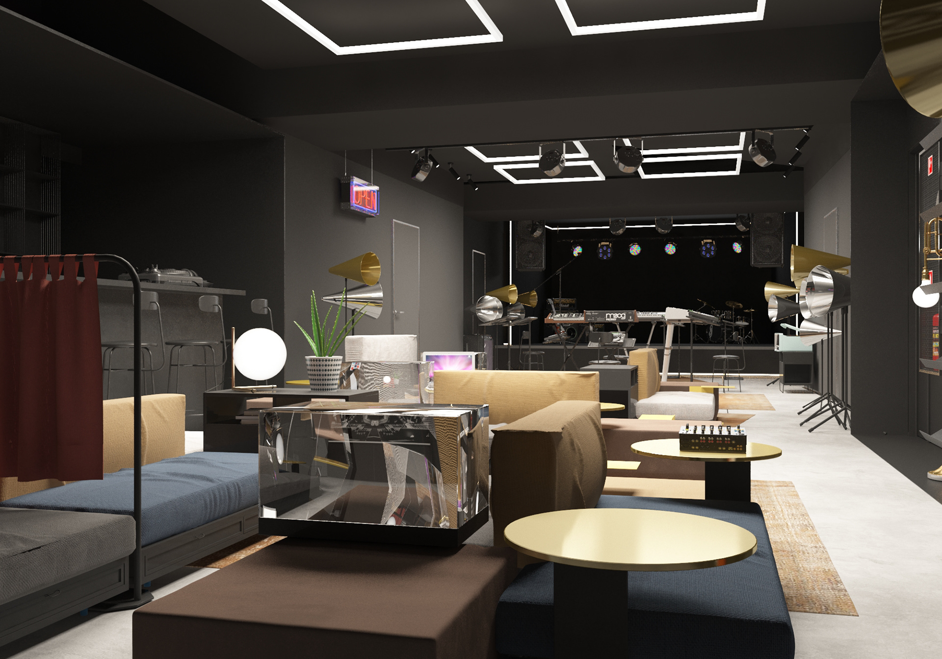 main studio with a coworking space