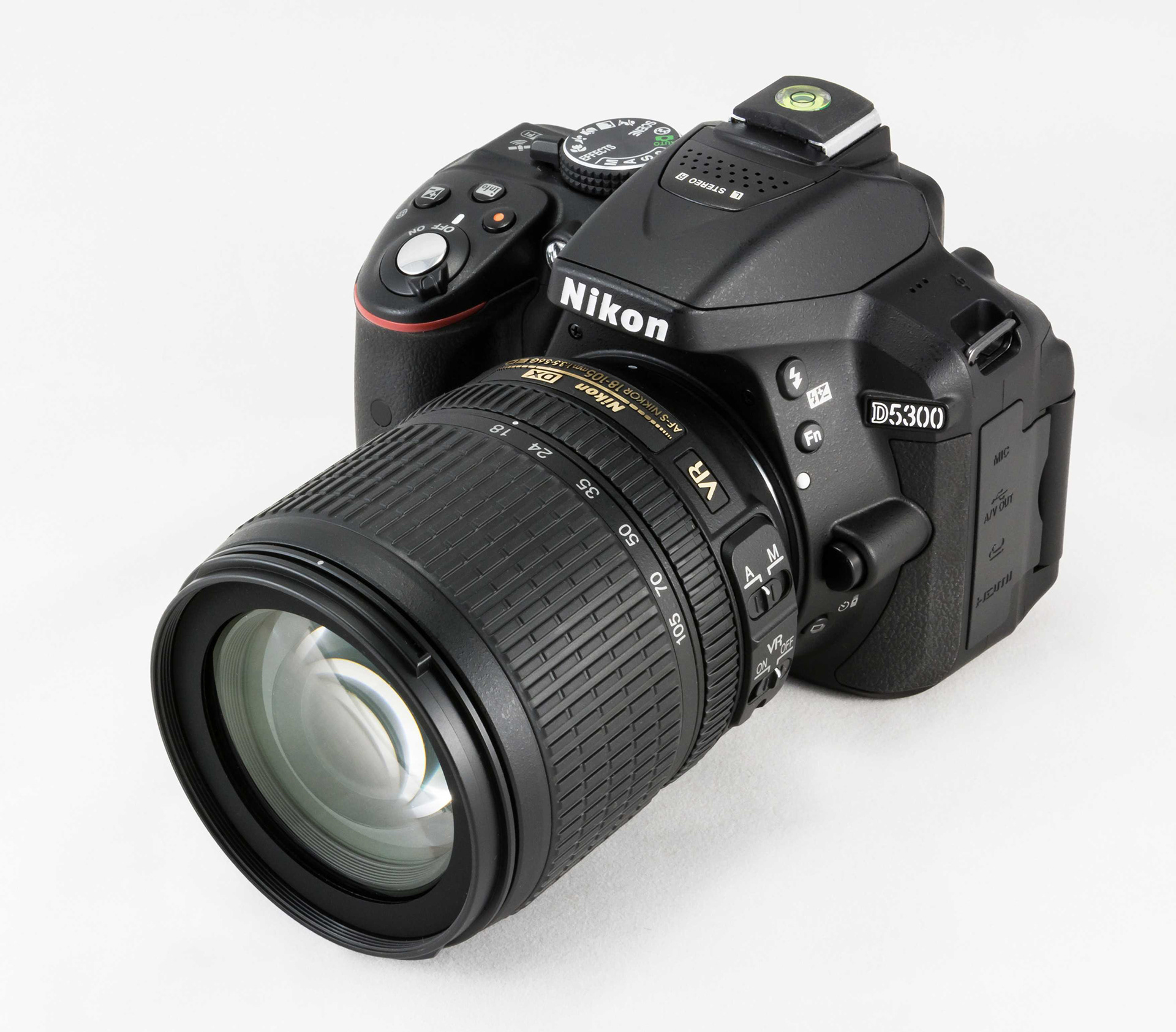 A three quarters angled image of the Nikon D5300 DSLR Camera. An unknown lens is attached to it.
