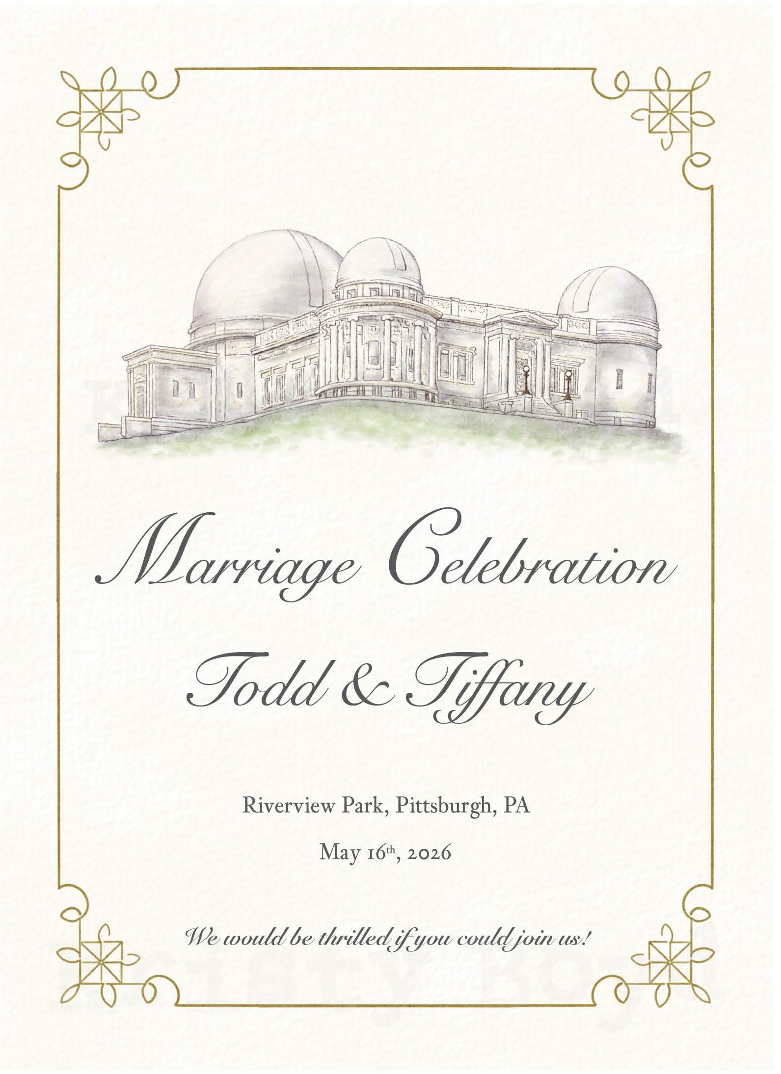 Commissioned Invitation with observatory rendering, geometric border, graphic design