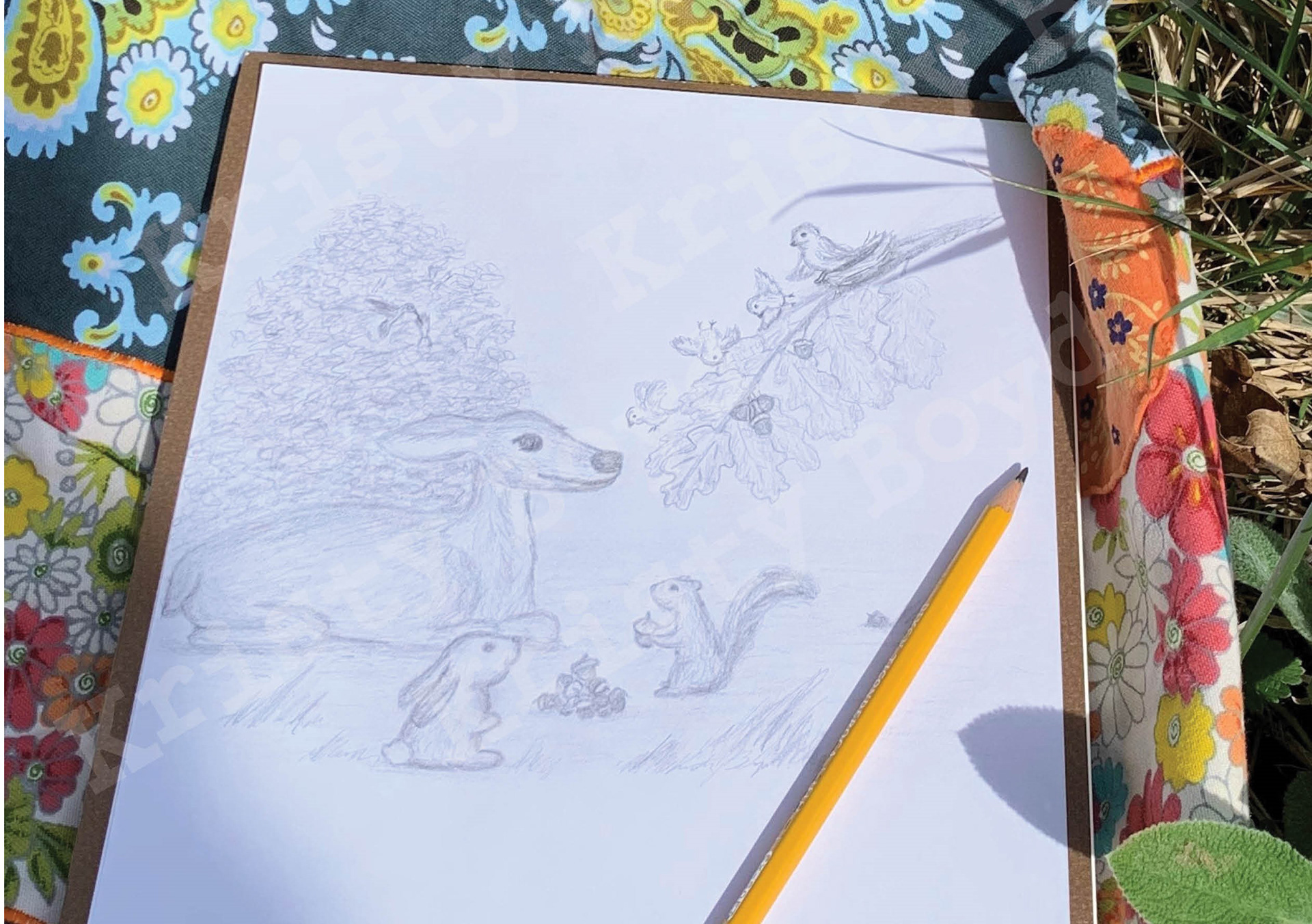 Forest Friends initial drawing I did for this artwork with a mama deer helping out some baby birds with squirrel and bunny friends.