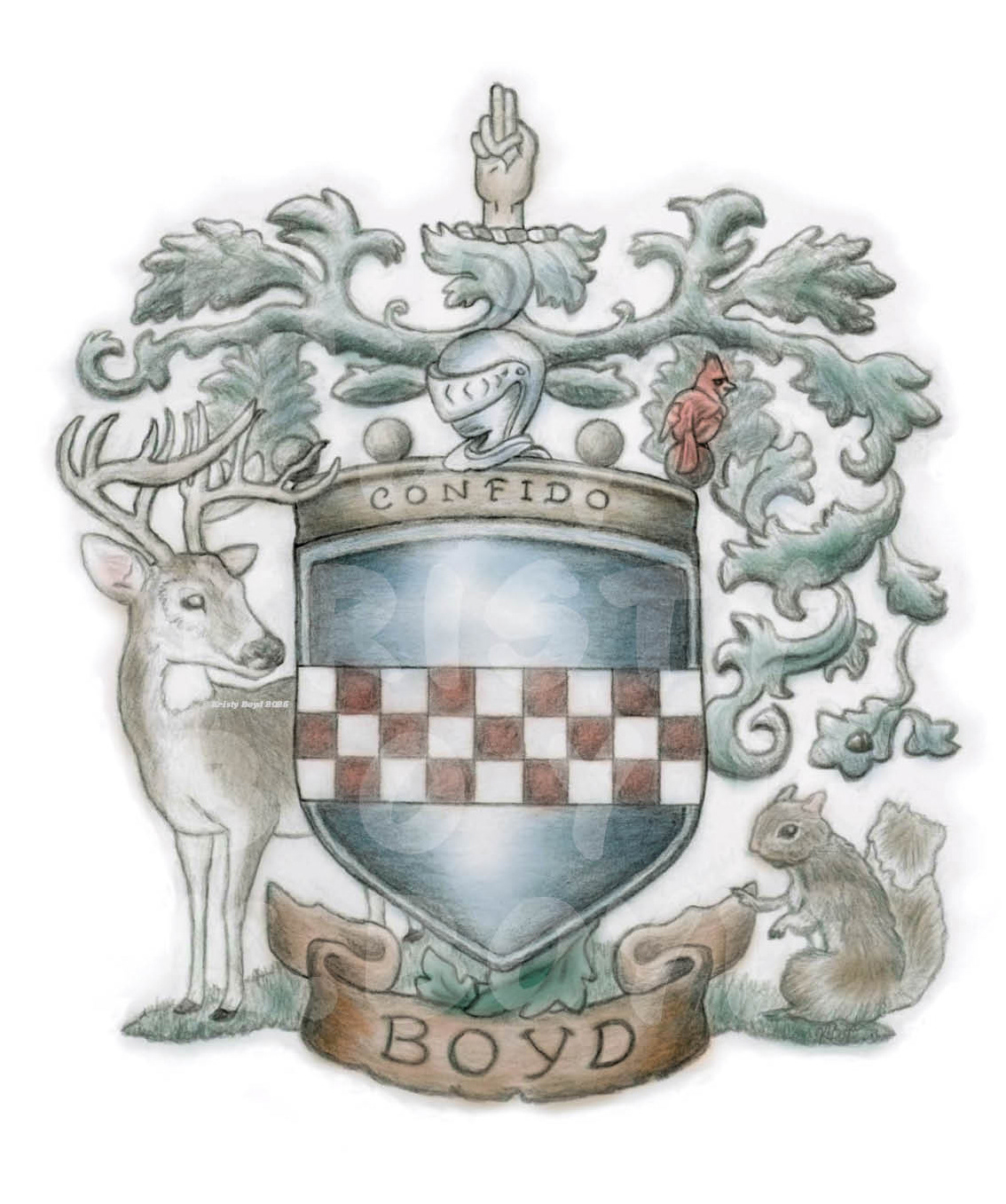 2025 Family Crest in pencil (digital color in procreate)