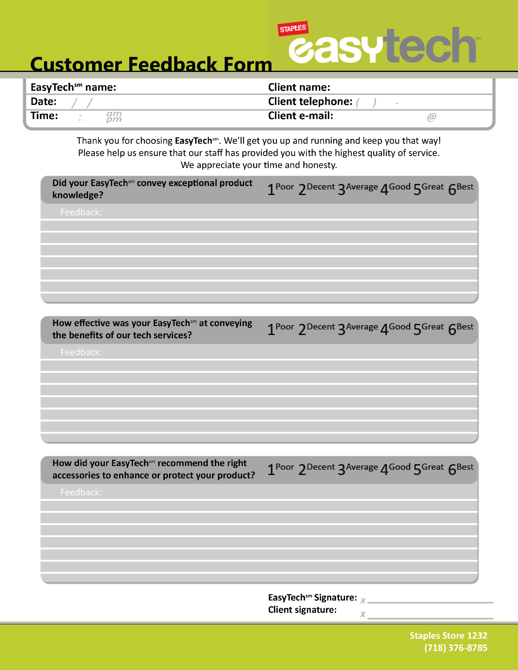 [Custom client feedback form]